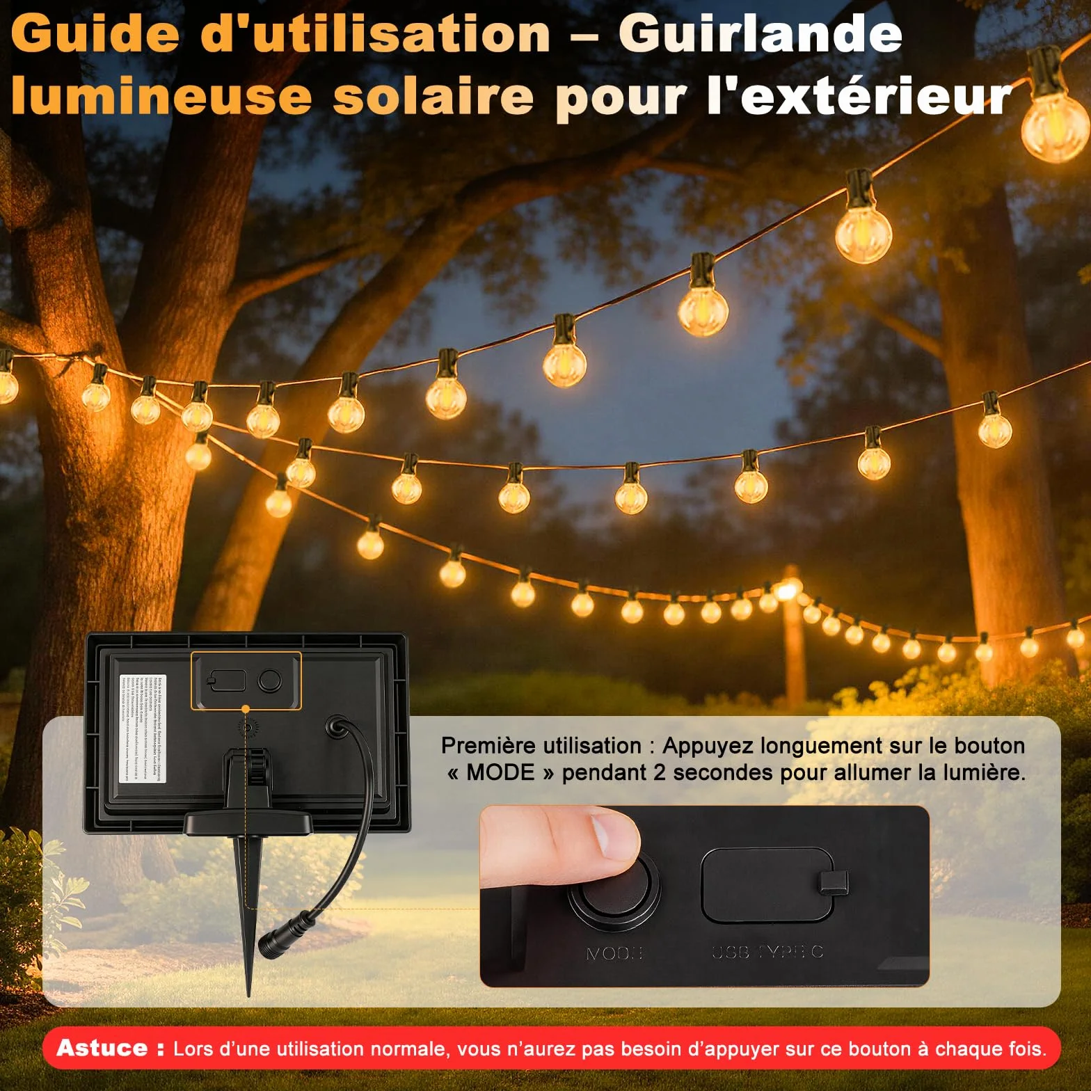 Guirlande Solaire Lumineuse Exterieure 16,3 m avec Telecommande & Minuterie, Étanche G40 LED, 4 Modes Gradable