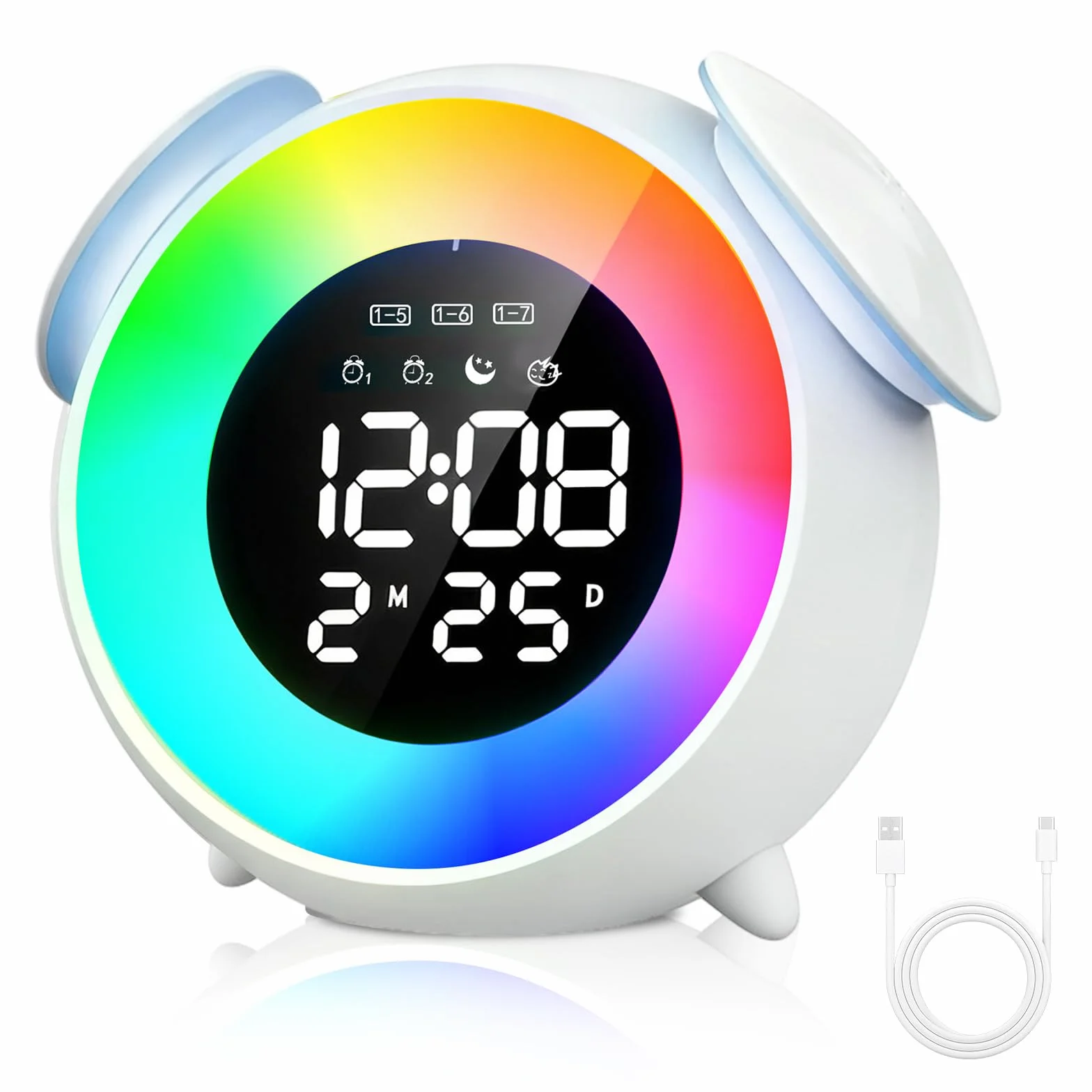 BORDEAG Réveil Enfants Entraîneur Sommeil Veilleuse 15 Couleurs Snooze Double Alarme 12/24