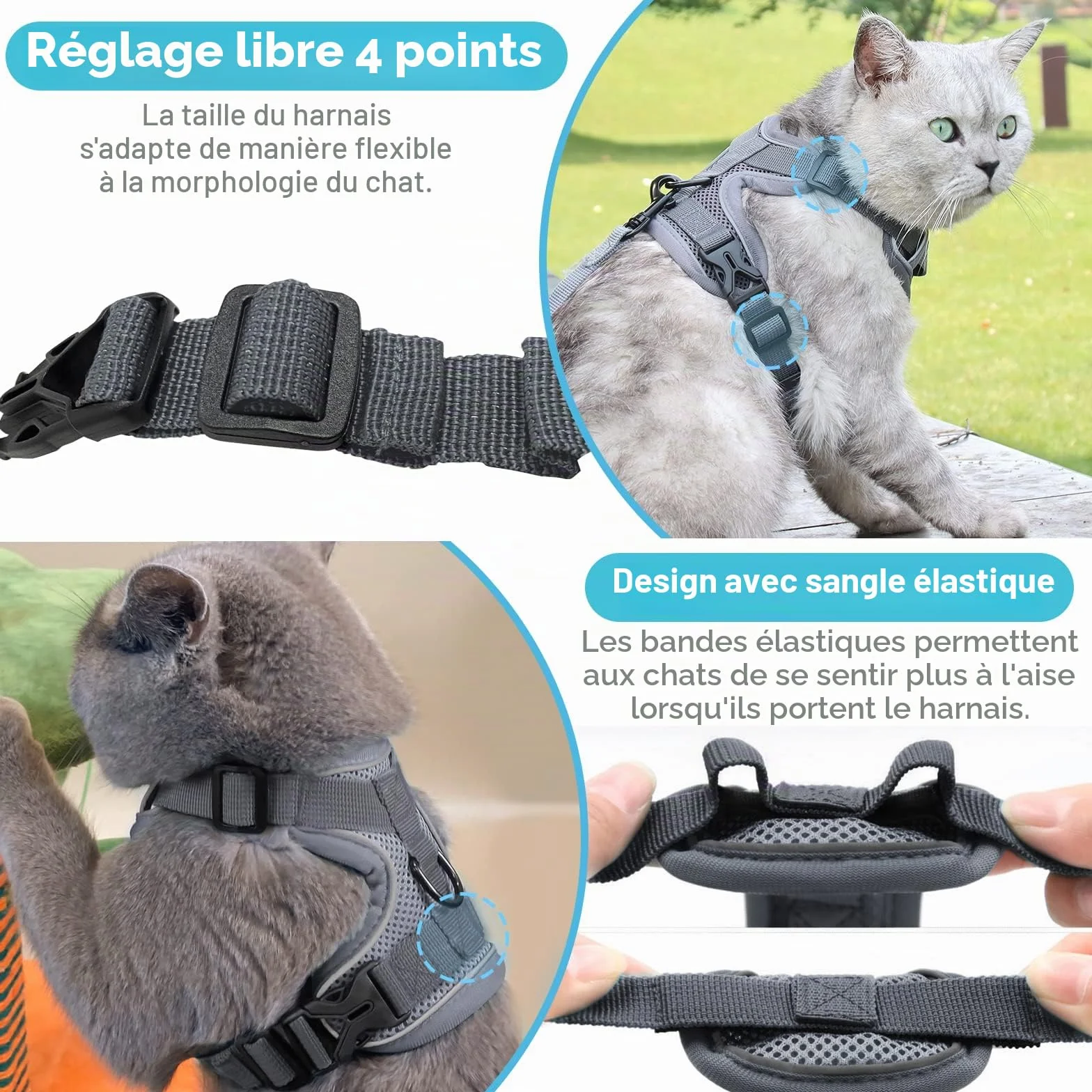 Grantop Harnais réglable anti-éclatement pour chat avec laisse Gris M