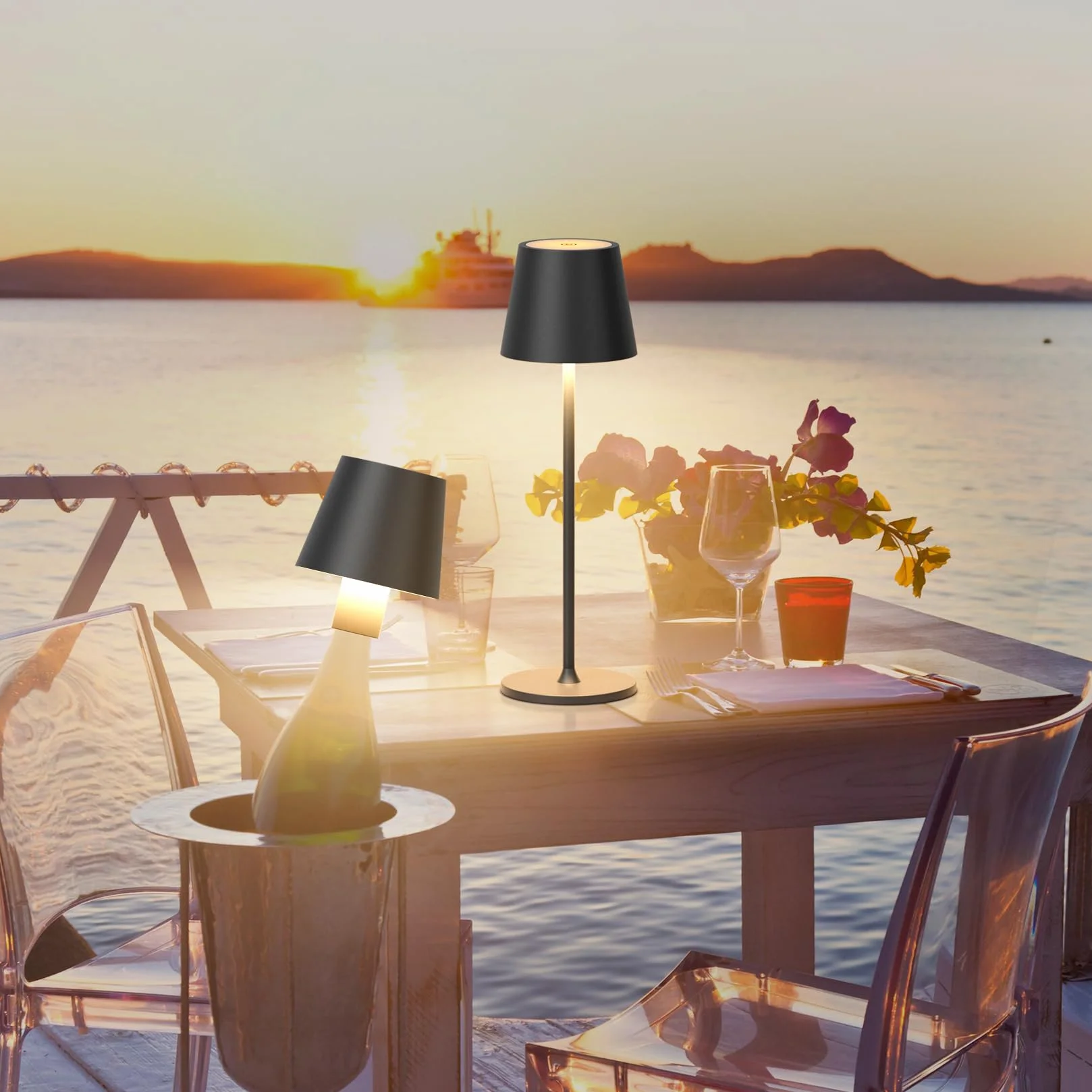 Lampe de table LED sans fil rechargeable 3000K IP54 réglable en hauteur Noir