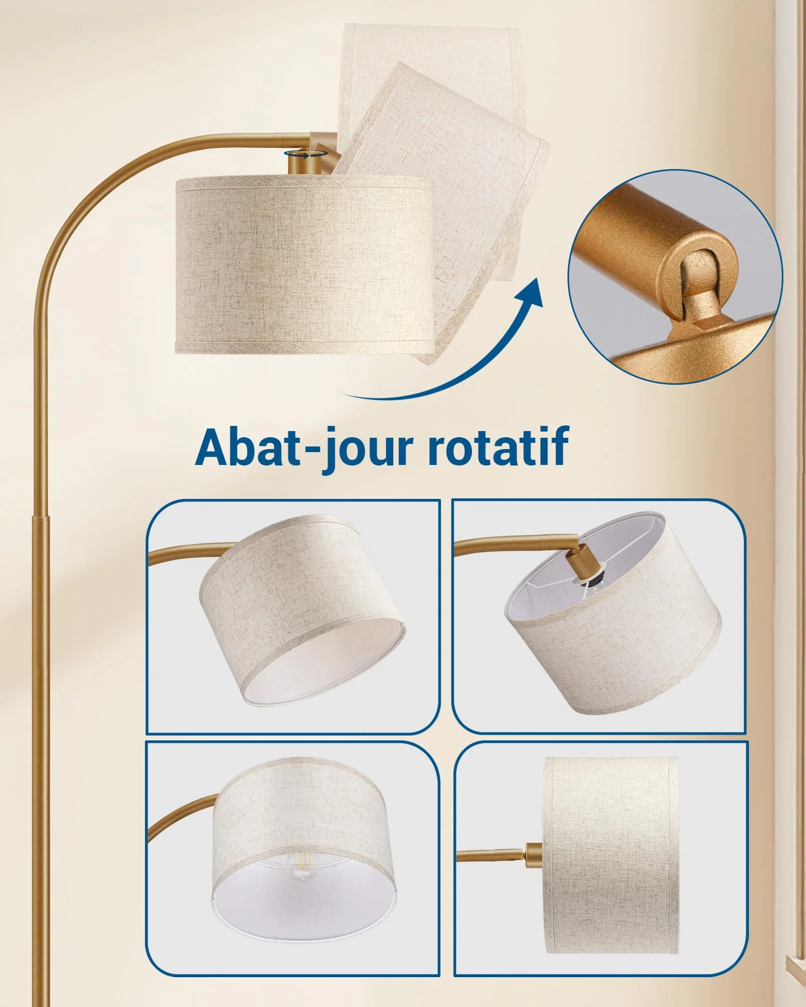 Lampadaire Doré Salon 161 cm avec Abat-Jour Lin Beige, Ampoule E27 Incluse