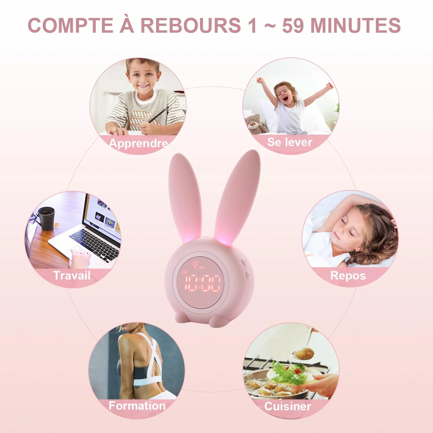 YONGYAO Réveil pour Enfants Lapin Lumineux avec Fonction Snooze, Installation Aimantée, Rose
