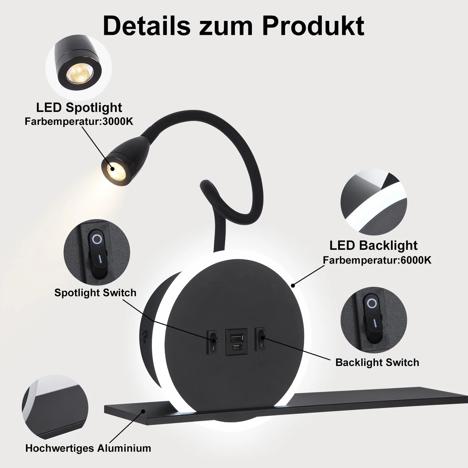 Lampe de chevet LED 2 pièces avec interrupteur, port USB-C, 3W 3000K + 9W 6000K, applique tête de lit noir