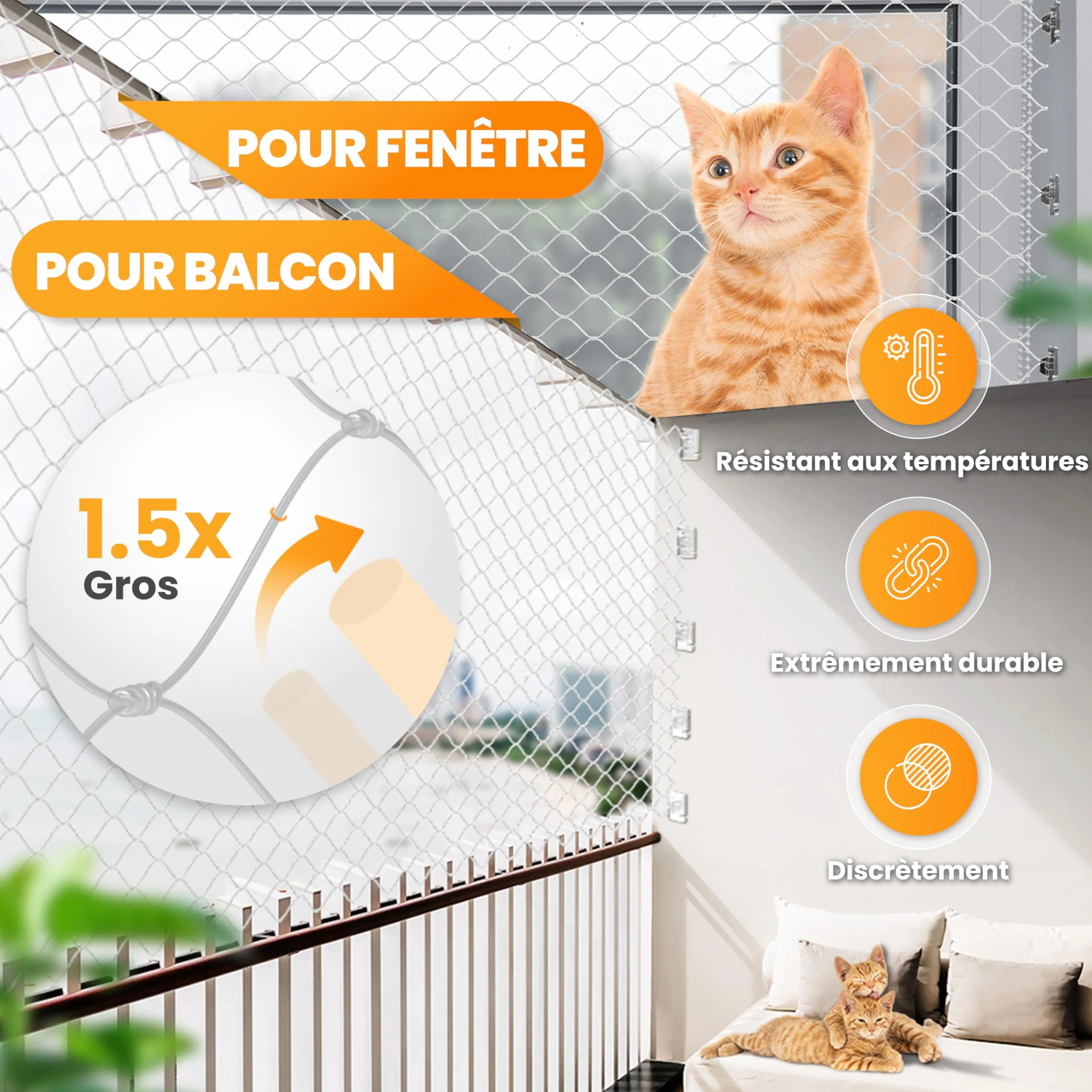 Naturiz Filet de protection pour chat pour balcon sans perçage avec crochets adhésifs et silicone - Filet transparent