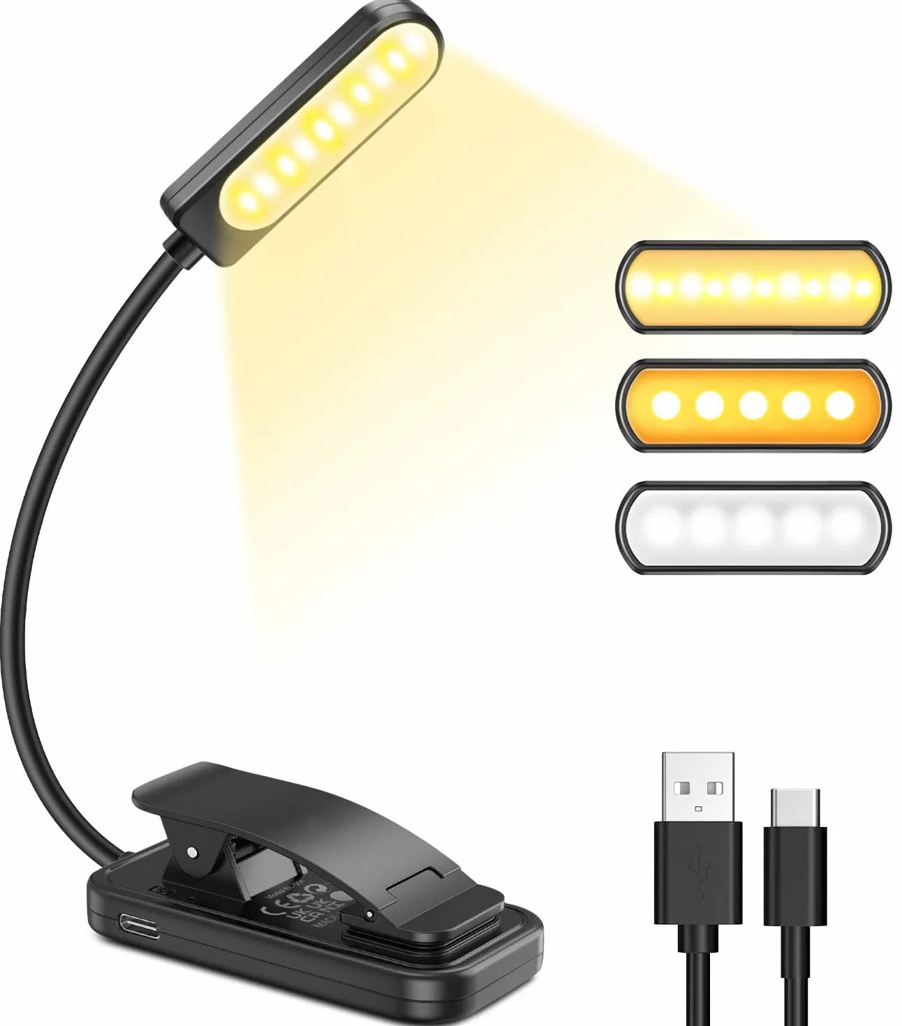 GARITE Lampe de Lecture 10 LED Rechargeable Clip, Gradation 100%-10% 3 Couleurs, Cou Flexible 360°, Lampe Livre Nocturne