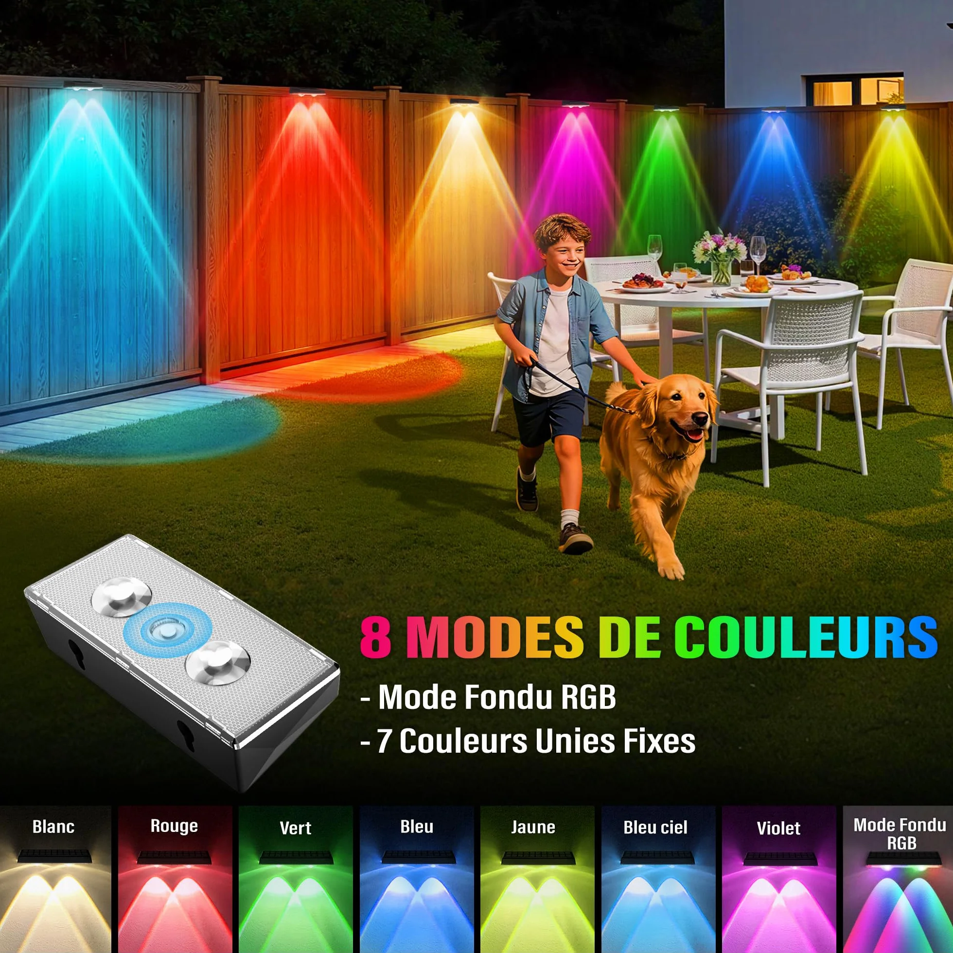 Applique Murale Extérieur Solaire Étanche IP67 2 Unité RVB 8 Modes Lampe Solaire Puissante pour Jardin