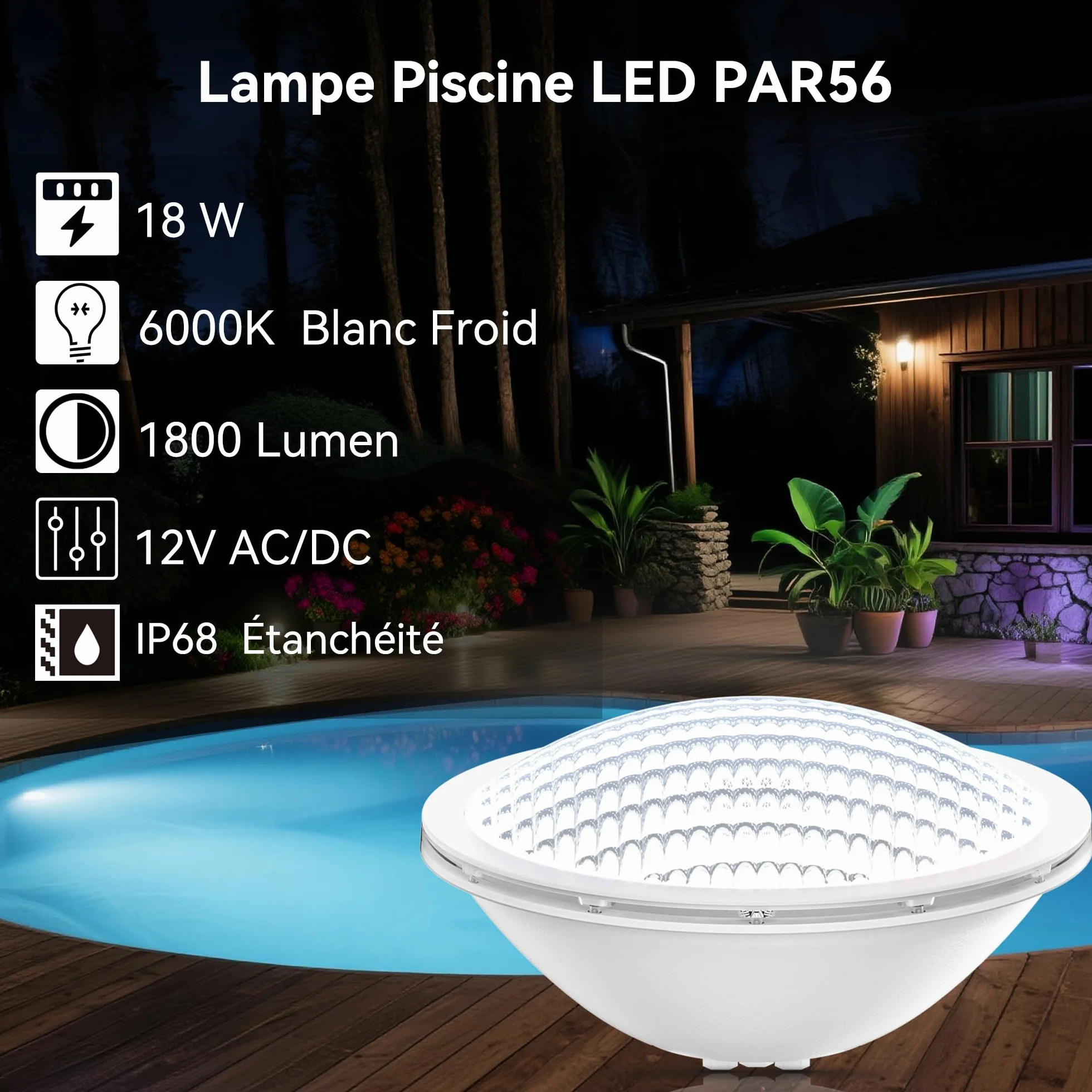 LyLmLe Lampe Piscine PAR56 18W Spot Etanche IP68 LED Submersible 12V DC/AC 6000K Blanc Froid