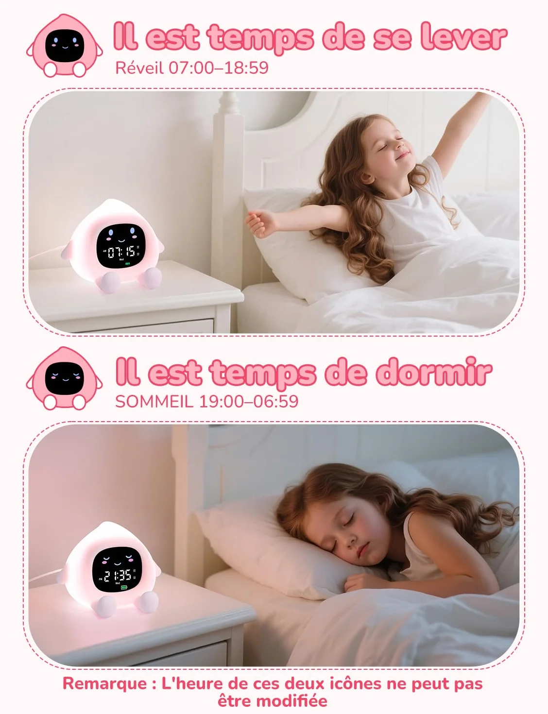 Réveil Enfant Éducatif Jour/Nuit 2 Alarme 7 Couleurs 30s Arrêt Automatique Luminosité Réglable Bruit Blanc 12/24 Heure Snooze 10 Chansons