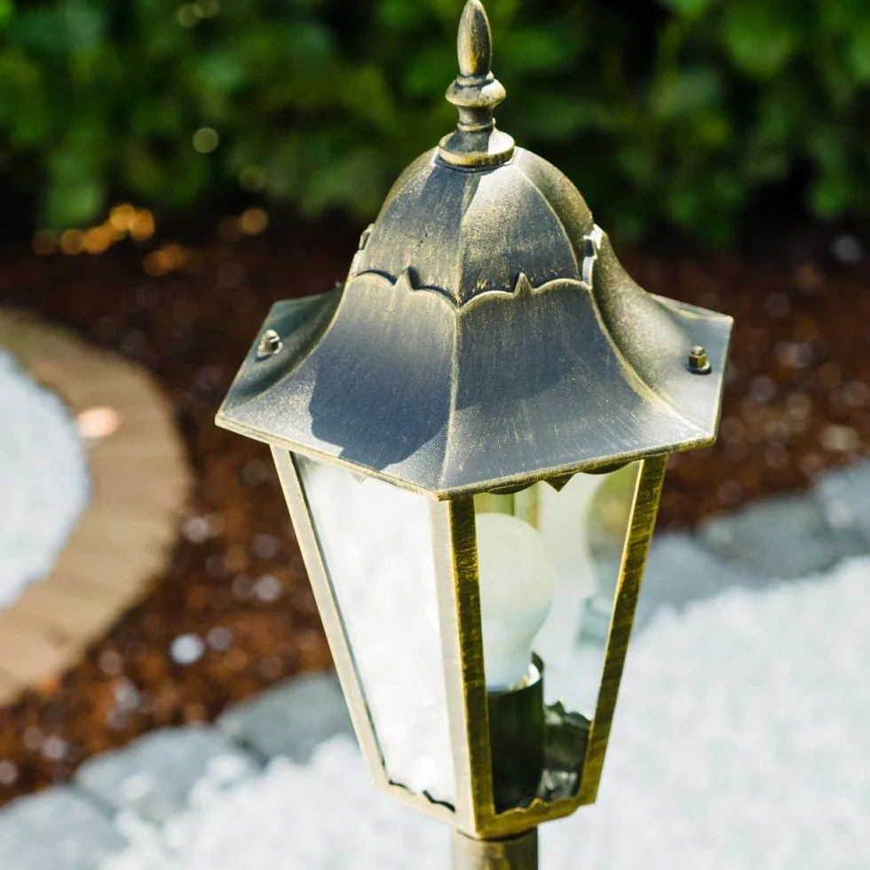 Lampe d'extérieur Hongkong lampadaire antique fonte aluminium brun or verre dépoli 120 cm E27 IP44