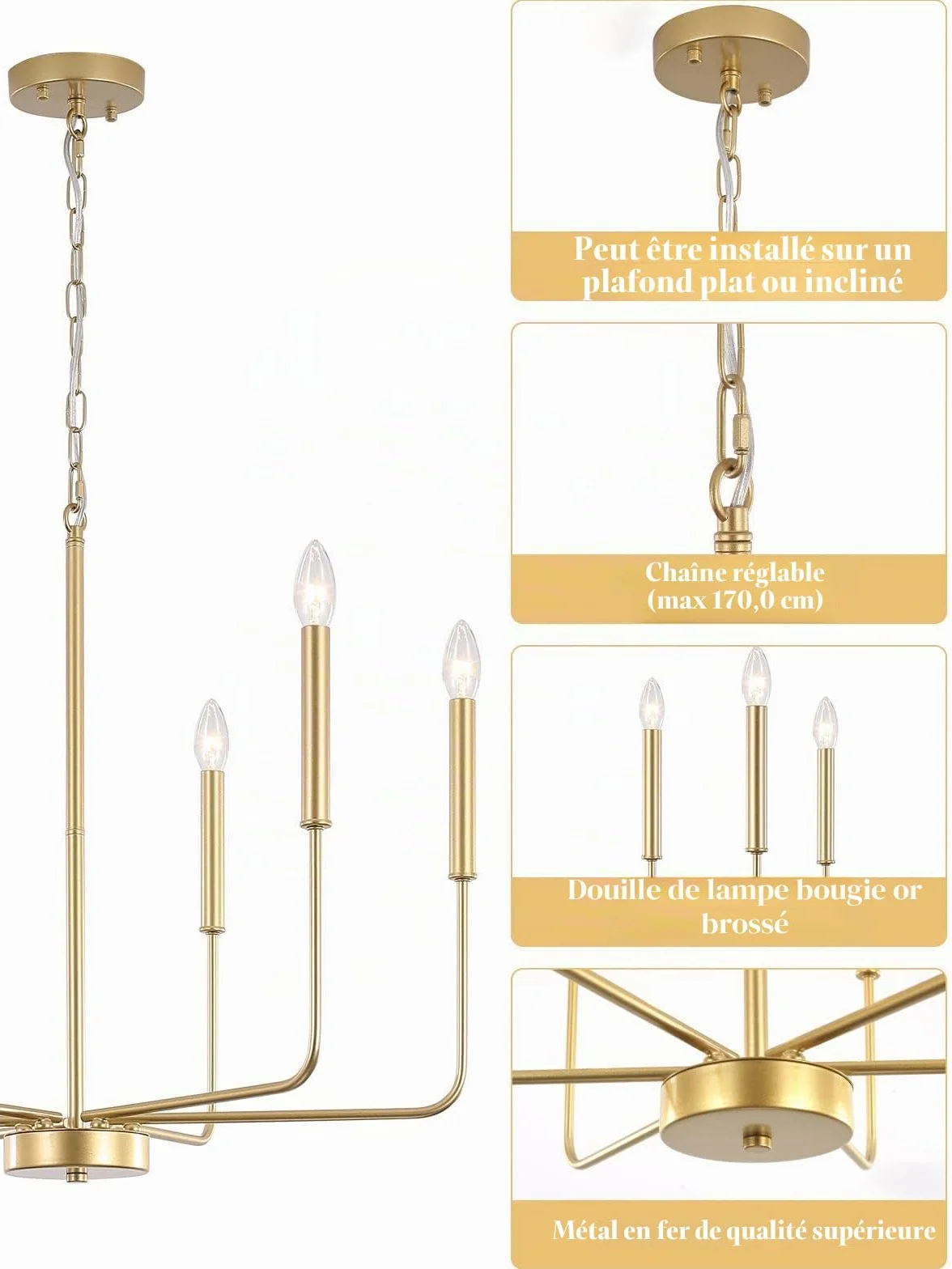 Lustre Doré Luminaires Plafonnier 6 Lumières Suspendus Lustre De Ferme Moderne Pour Salle À Manger, Bougie Suspension Dorée Pour Îlot De Cuisine Salon Foyer Chambre