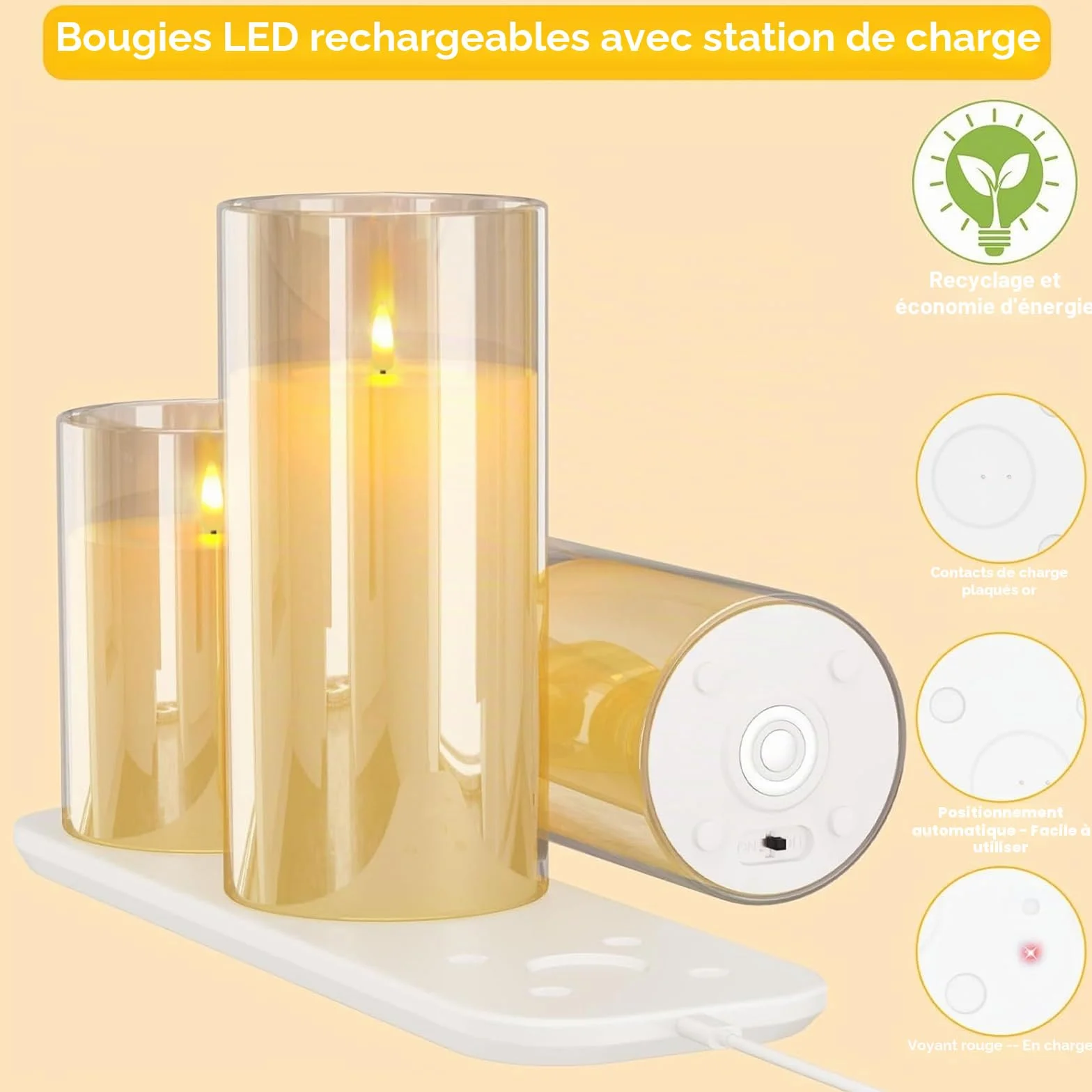 EXTSUD Bougies LED Sans Flamme Rechargeable Lot de 3 avec Télécommande et Minuterie, Bougies Décoratives en Verre Jaune