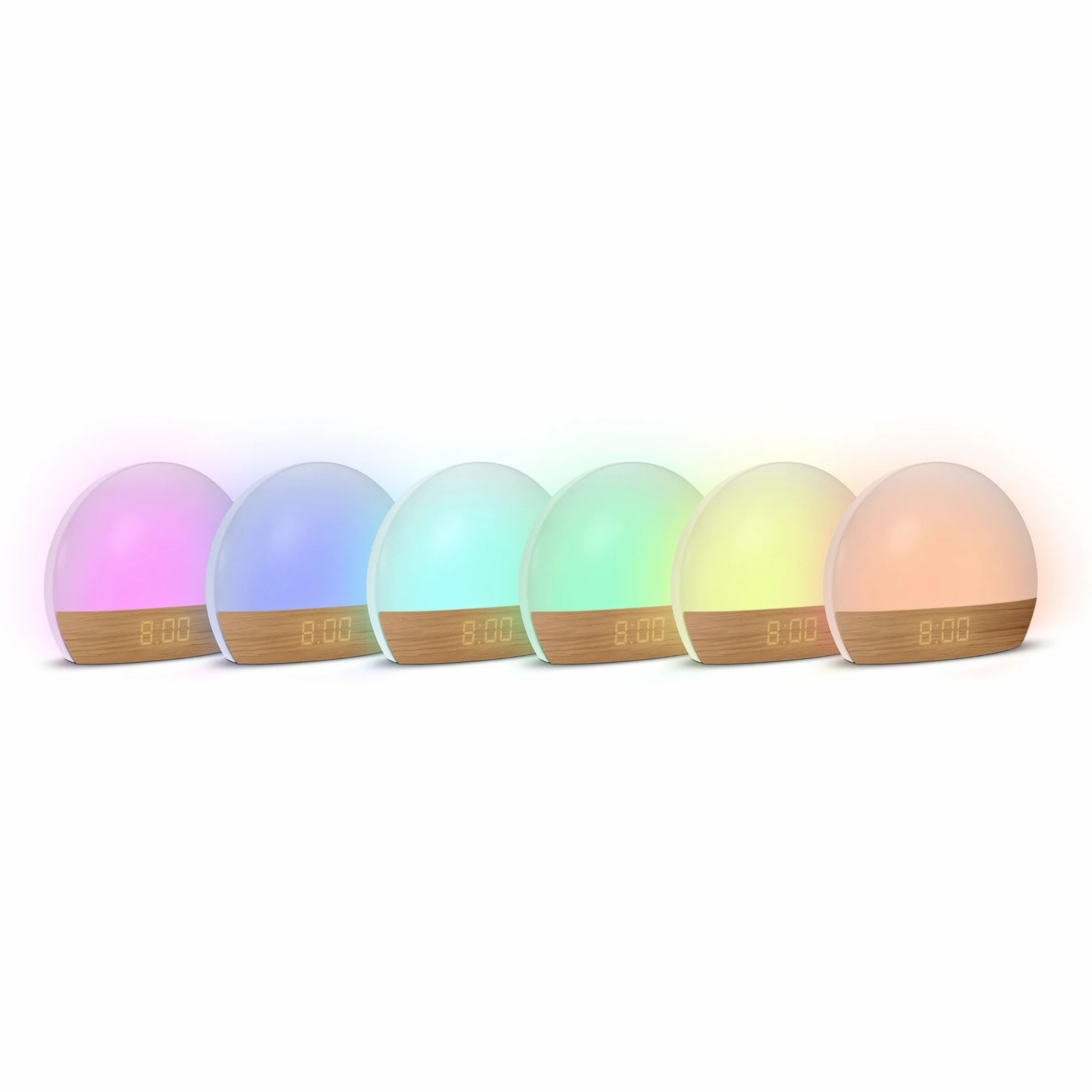 mooov 477356 Réveil simulateur d'aube Lumiere Progressive sur Secteur Luminothérapie Eclairage Blanc ou Couleur Charge Port USB-A Effet Naturel Bois