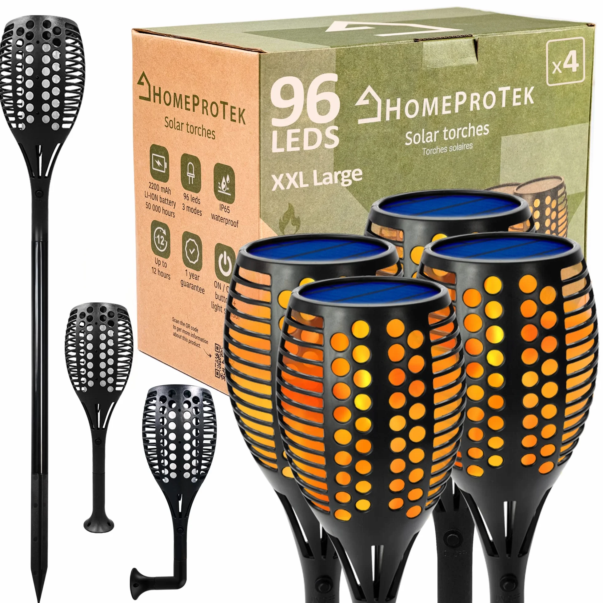 HOMEPROTEK Lampe Torche Solaire Exterieur Jardin Lot de 4 XXL 96 LED Effet Flamme