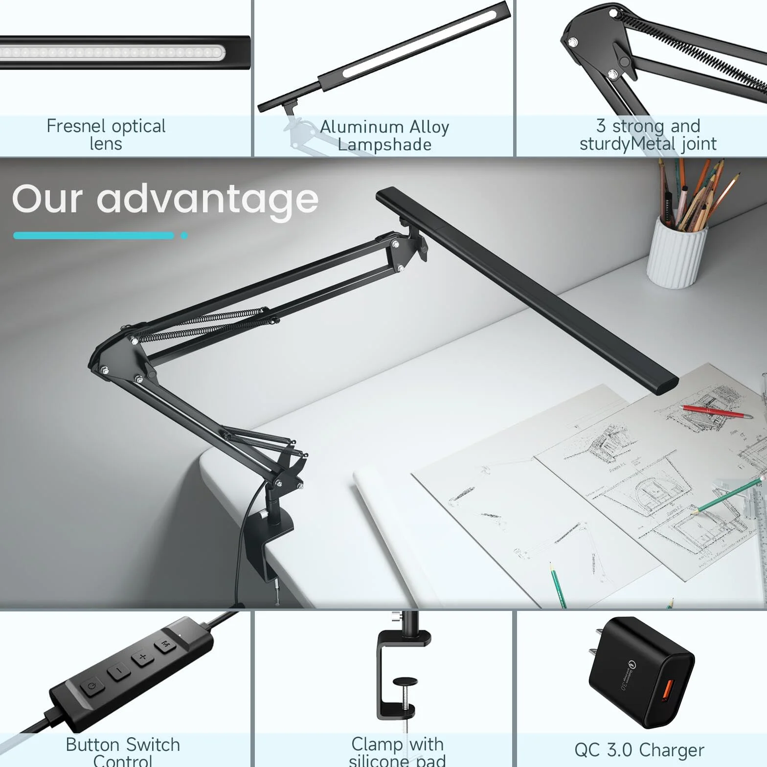 VERSKI Lampe de bureau LED 12W 5 températures de couleur et luminosité réglables avec adaptateur QC 3.0