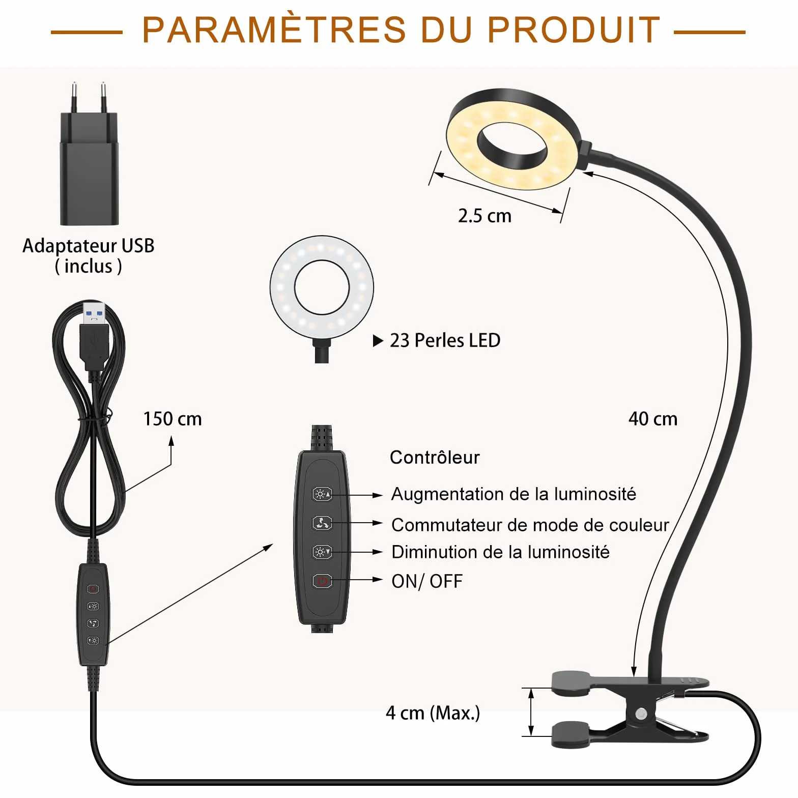 iZELL Lampe de Bureau à Pince LED 40CM, 3 Modes 10 Niveaux Luminosité, Flexible 360°, avec Adaptateur USB