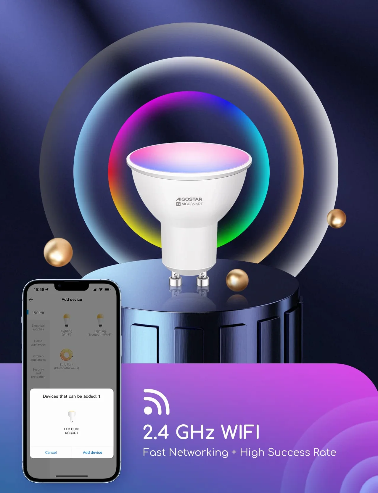 Aigostar Ampoule Connectée WiFi LED GU10 7W 555LM RGB 2700K-6500K Compatible Alexa Google Home 6 Unités