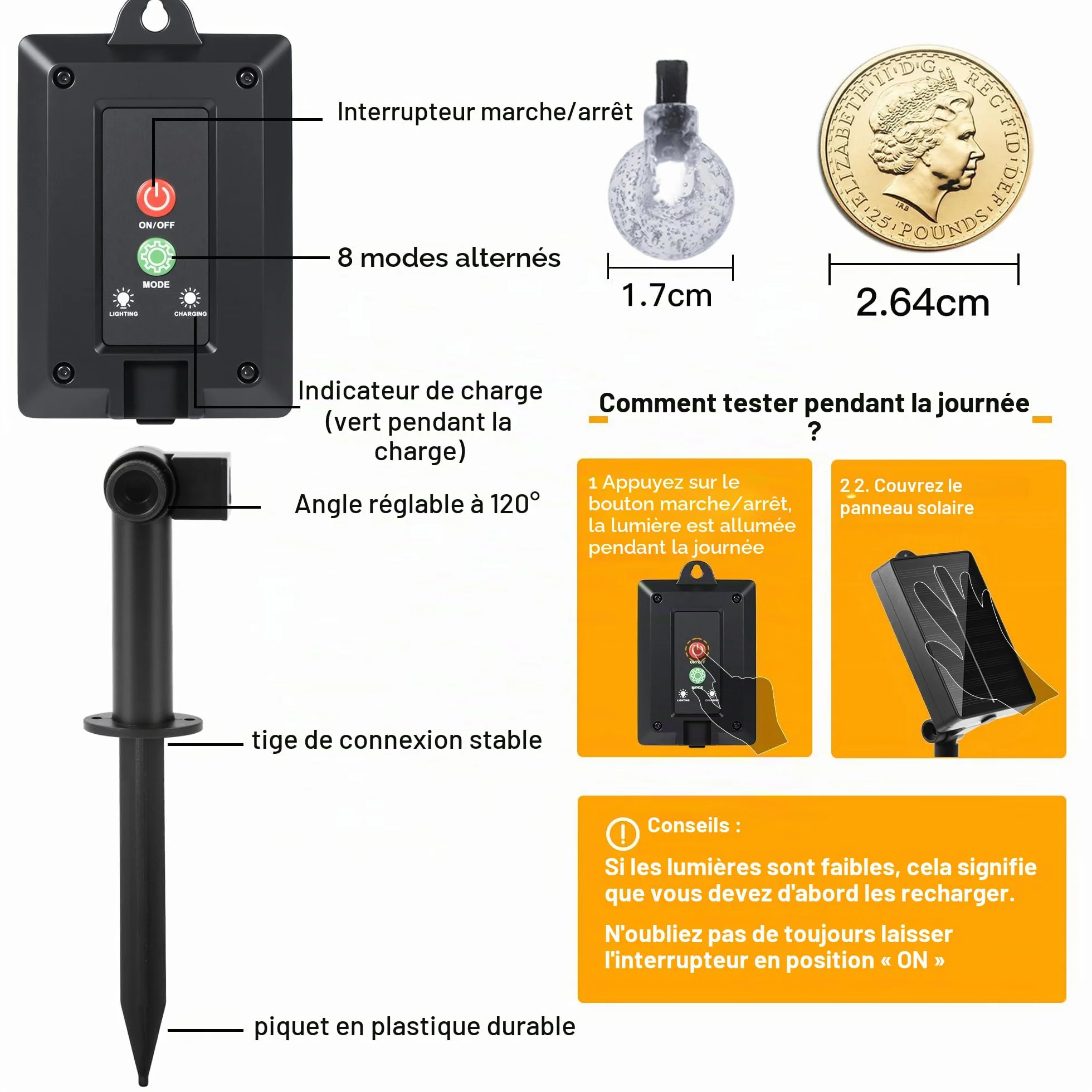 Ollny Guirlande lumineuse solaire d'extérieur 5 m 30 LED étanche IP65 8 modes blanc chaud