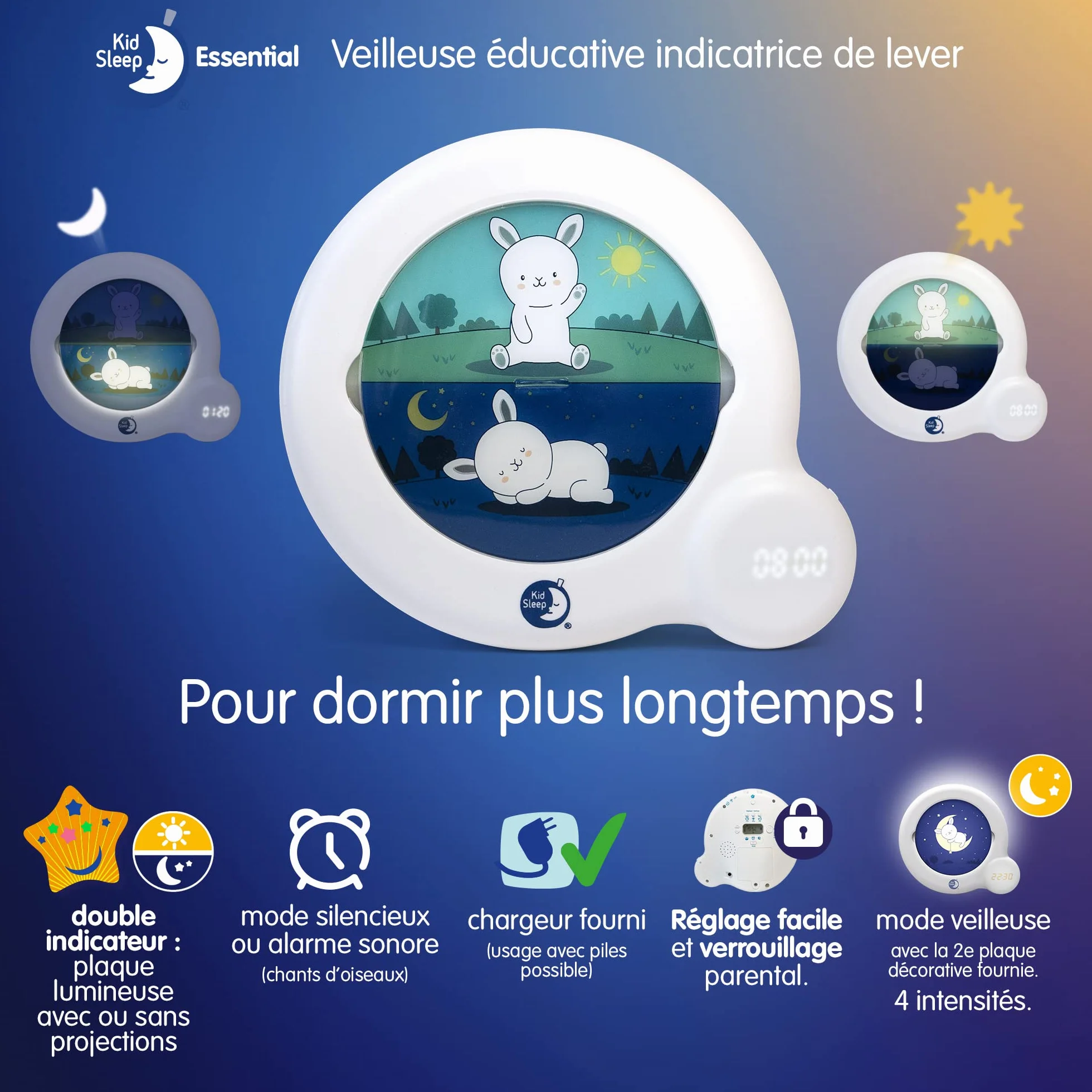 Pabobo Kid'Sleep Essential Indicateur de Réveil Veilleuse éducative avec Programmation Facile et Verrou Parental