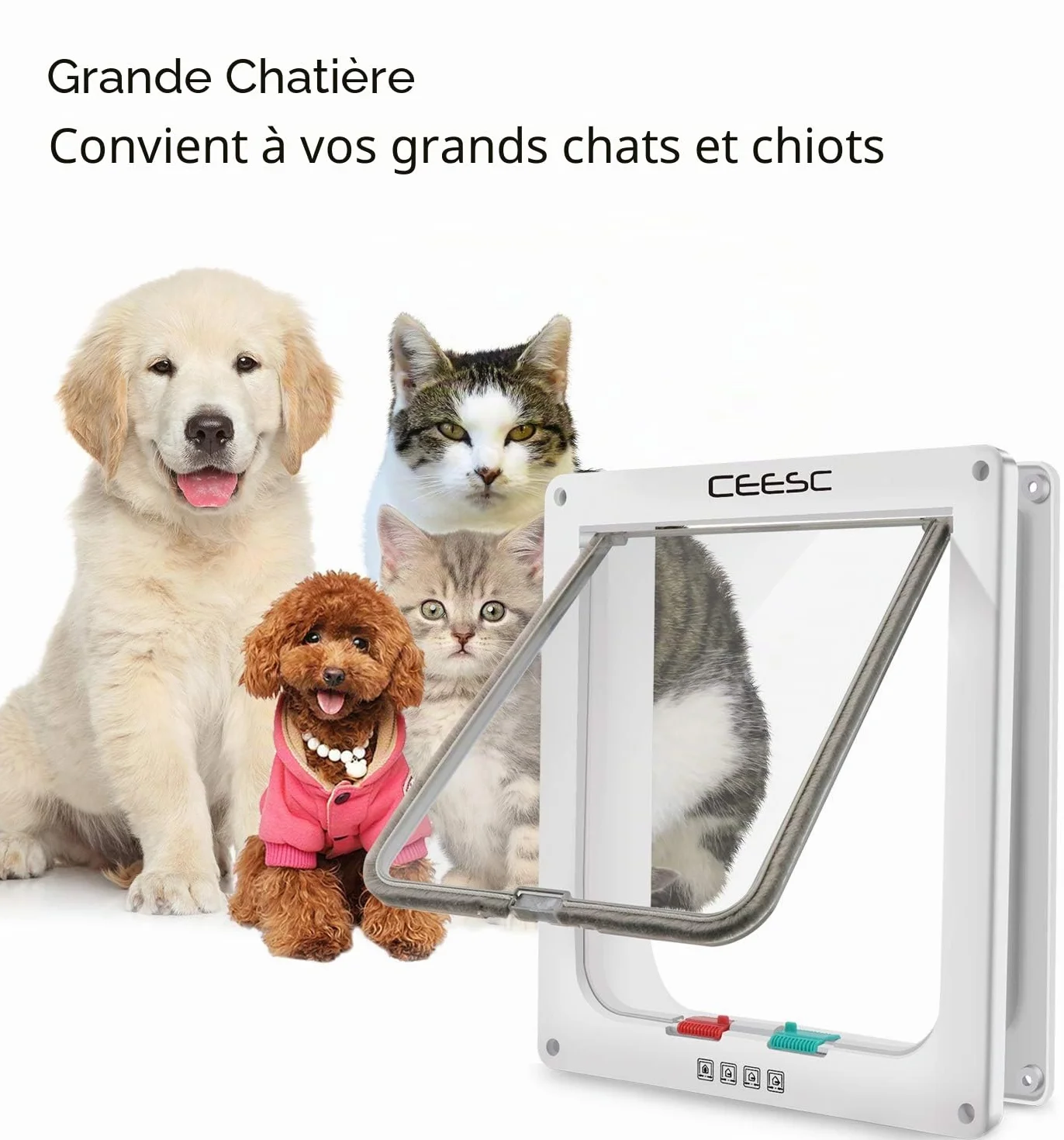 CEESC Grande chatière 28cm x 24.9cm Verrouillage 4 Voies pour Chats Petits Chiens