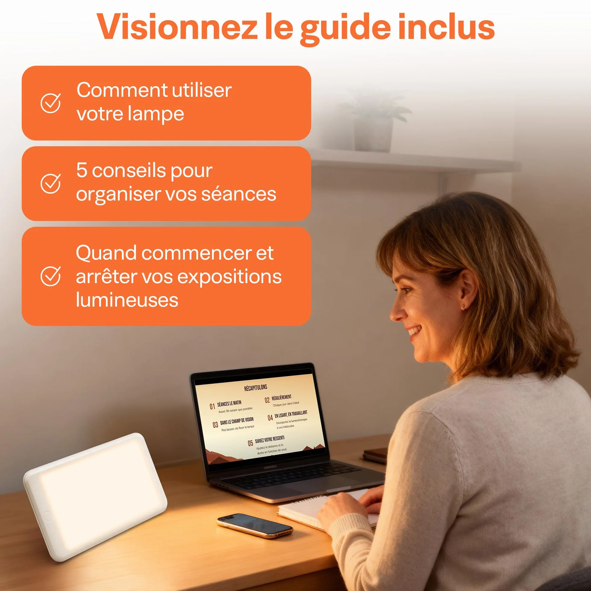Lampe de Luminothérapie 15000 Lux Sans UV, 3 Niveaux d'Intensité, Design Compact Portable LED