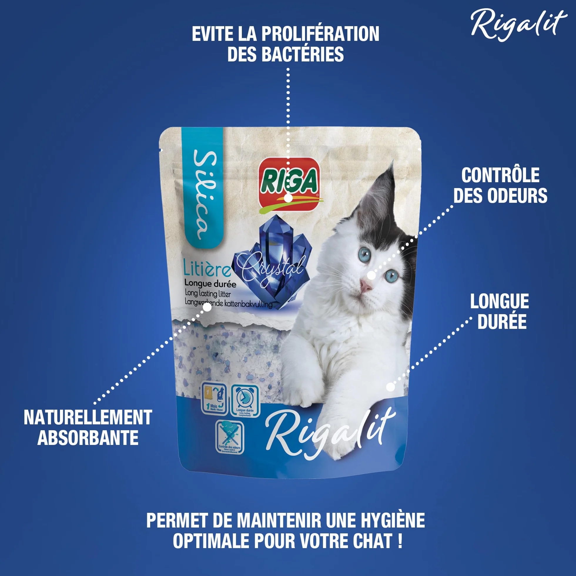 Rigalit Crystal Litière pour Chat Absorbante Minérale Gel de Silice 2,2 kg