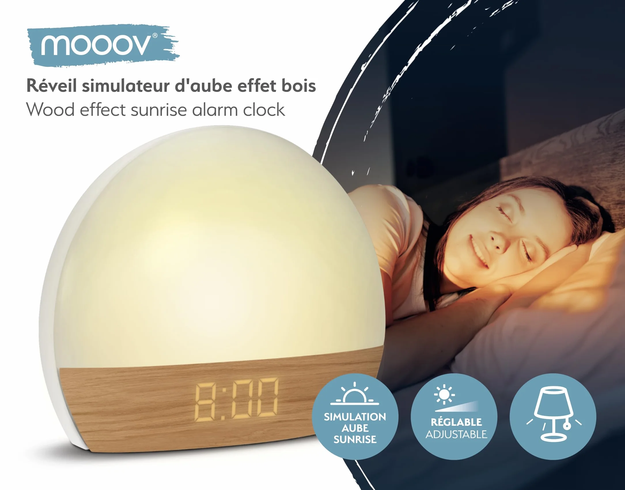mooov 477356 Réveil simulateur d'aube Lumiere Progressive sur Secteur Luminothérapie Eclairage Blanc ou Couleur Charge Port USB-A Effet Naturel Bois