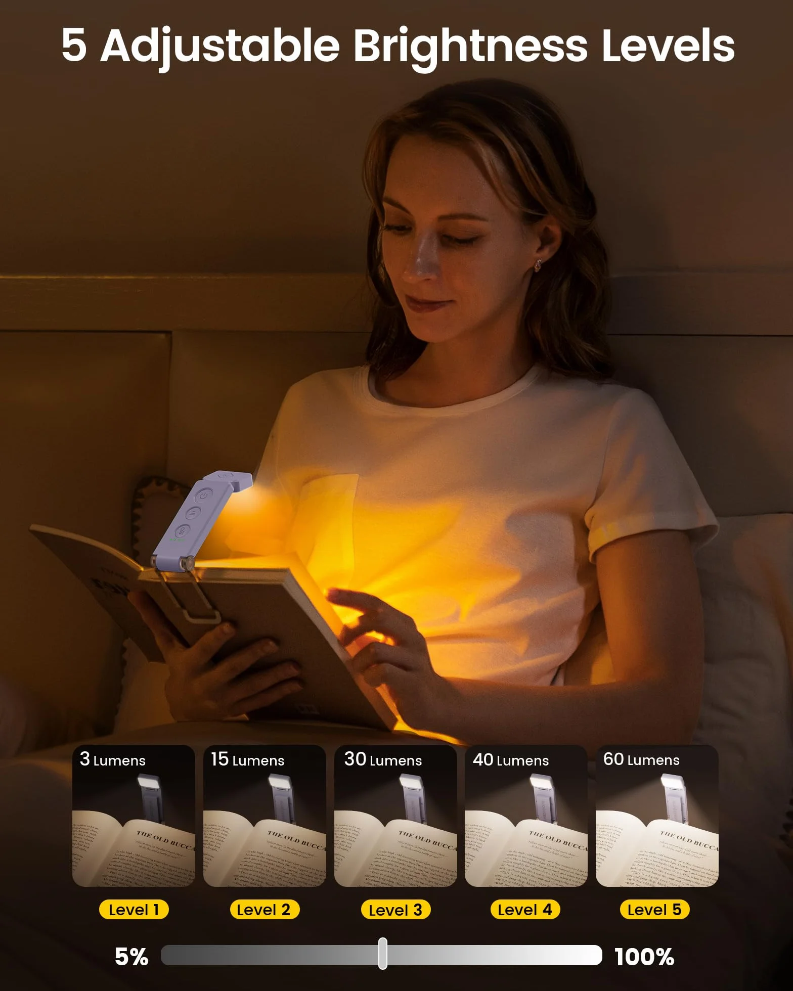 Glocusent Lampe de Lecture avec Pince, 100h Autonomie, 5 Niveaux & Couleurs, 12 LEDs Anti-Éblouissement