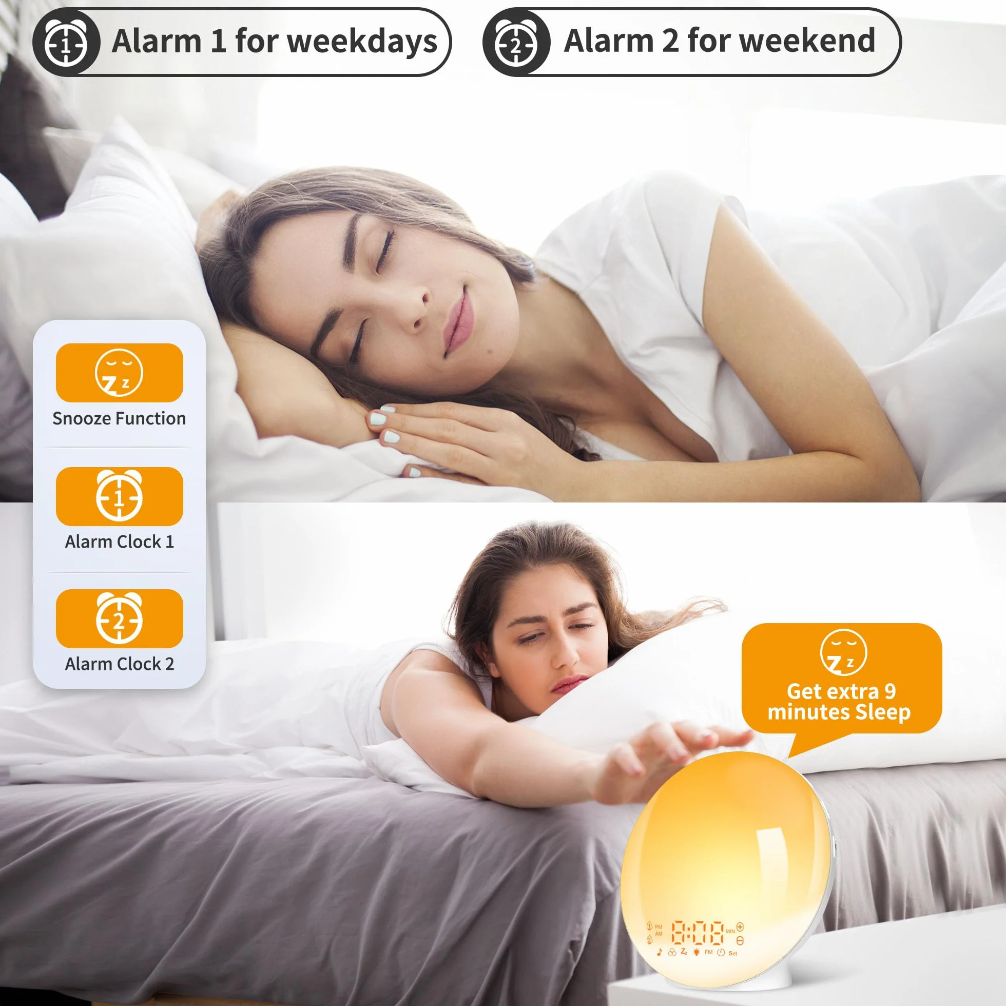 Eveil Lumière LED Radio Réveil Matin Lumineux Lampe de Chevet 20 Niveaux Luminosité Simulateur Aube Crépuscule 2 Réveils 7 Sons Naturels Snooze Veilleuse 11 Couleurs