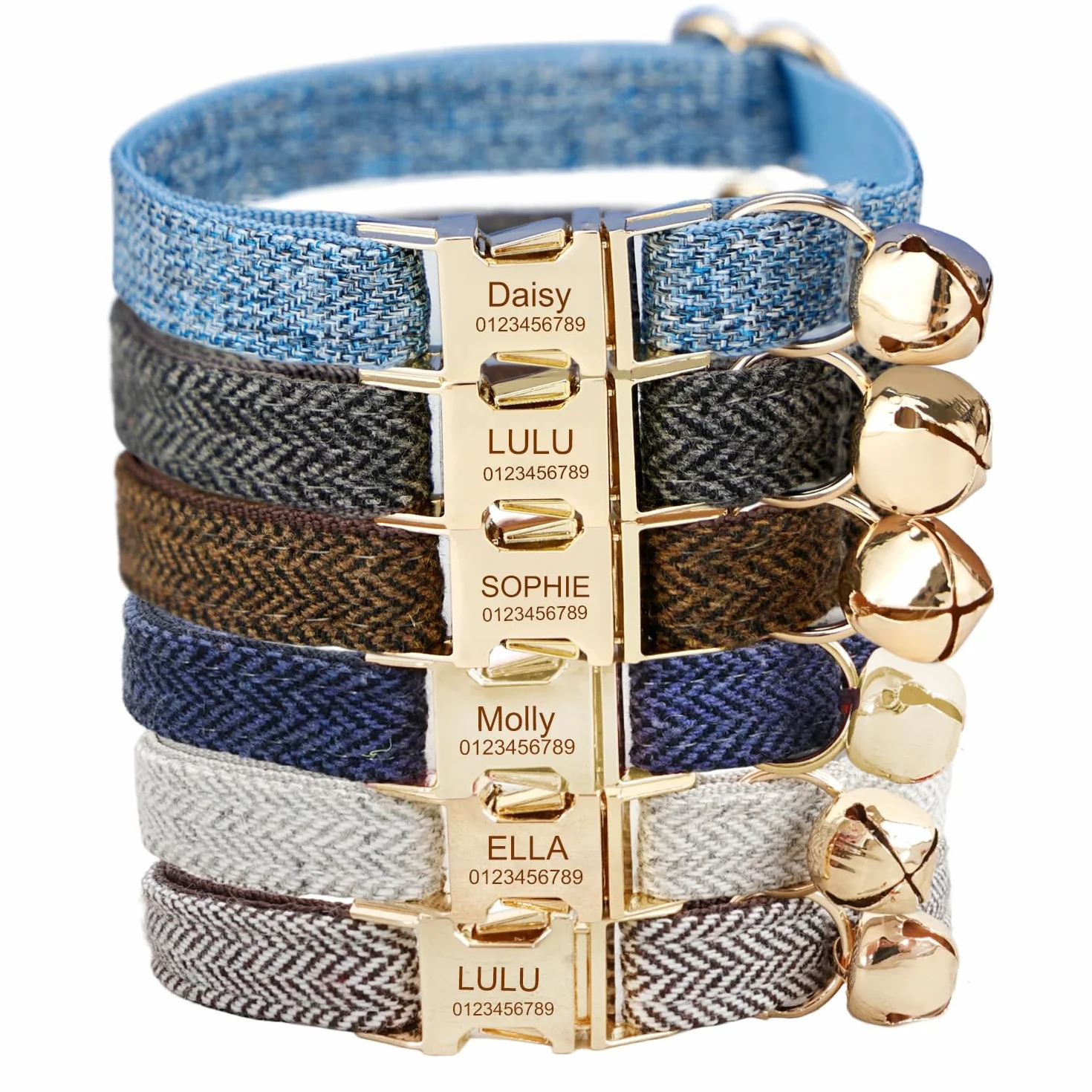Collier pour chat personnalisé gravé nom et téléphone, tissu doux réglable, boucle métallique sécurisée Tweed