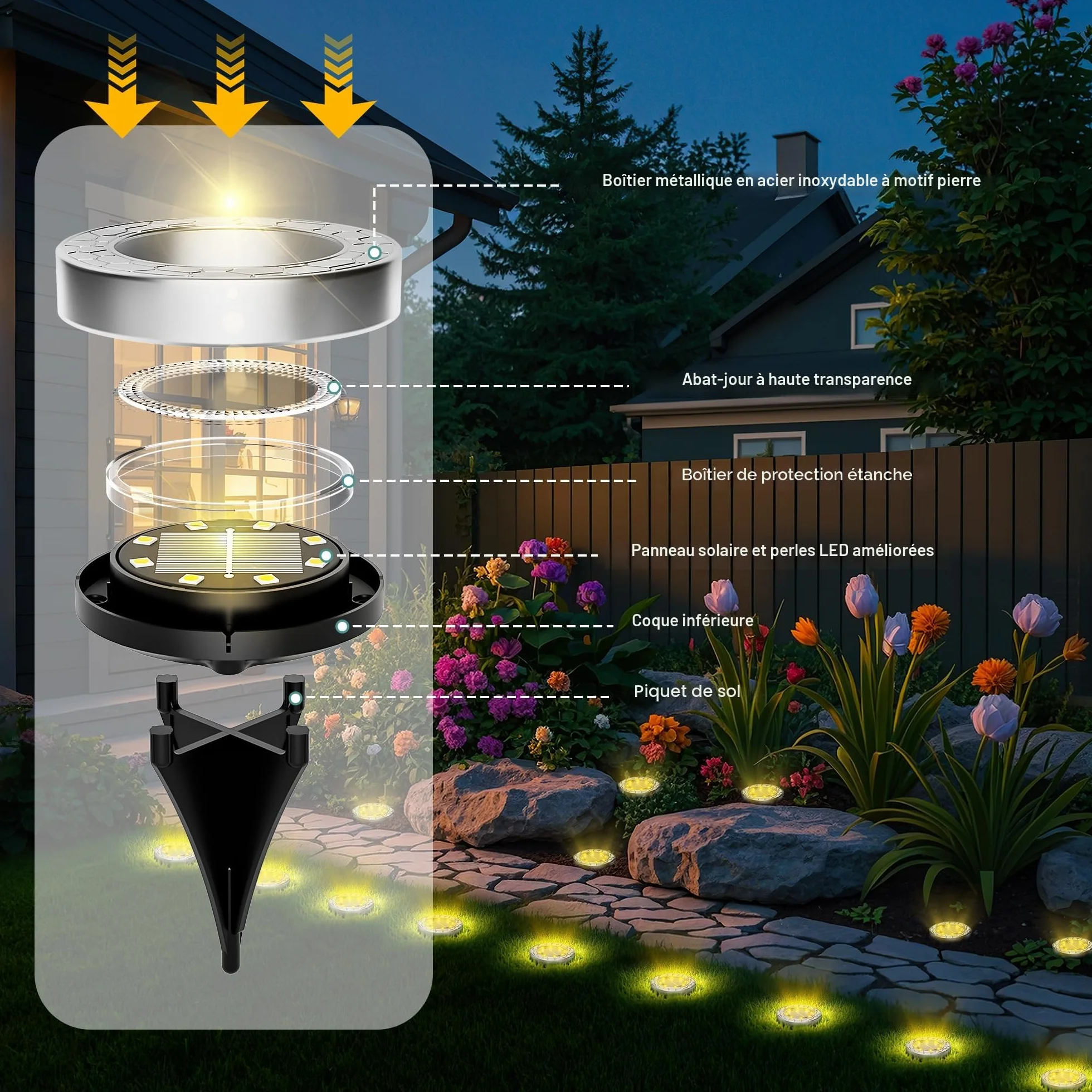 FIFlying Lampe Solaire Exterieur 10 Pièce LED Blanc Chaud, Acier Inoxydable, pour Jardin, Allée, Trottoir