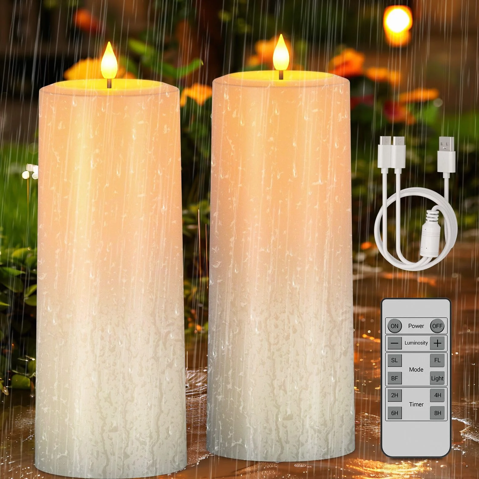 Bougie Pilier Solaire LED Rechargeable 2pcs Imperméable Flamme Vacillante avec Télécommande Extérieur Jardin