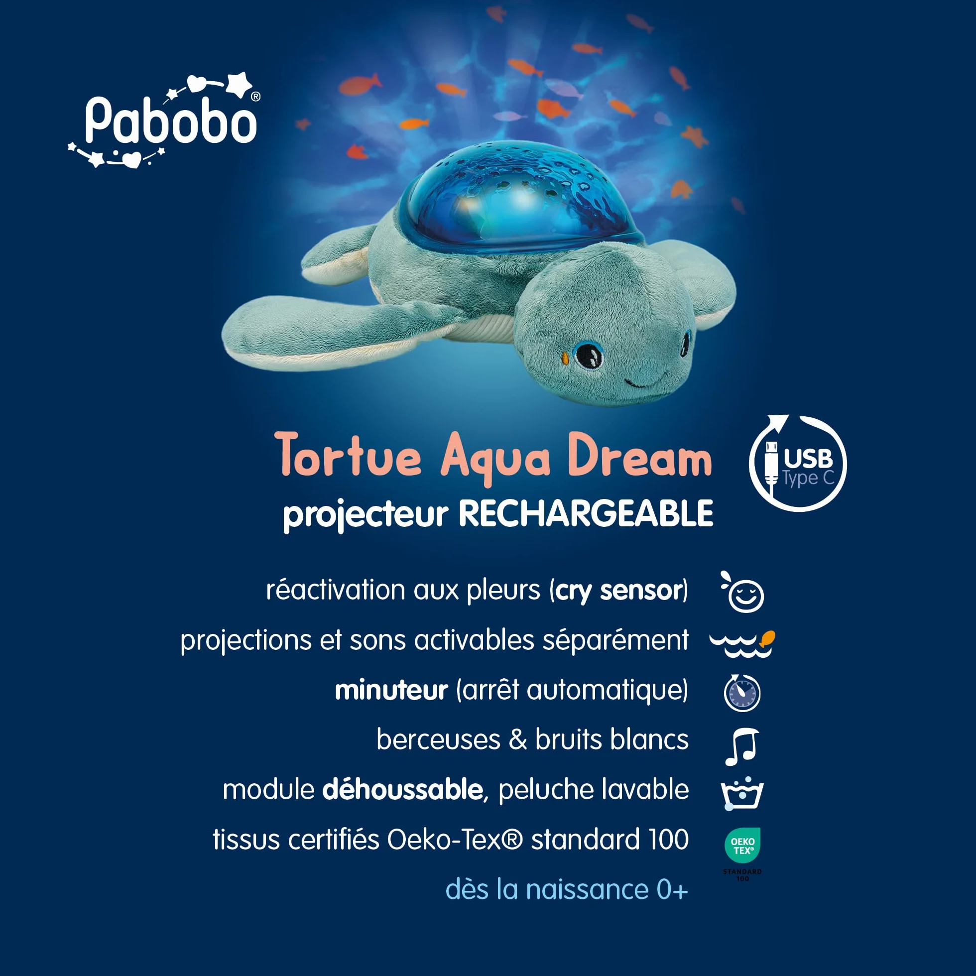 Pabobo Veilleuse Tortue Aqua Dream Bébé Projections Animées Sons Apaisants Rechargeable USB-C