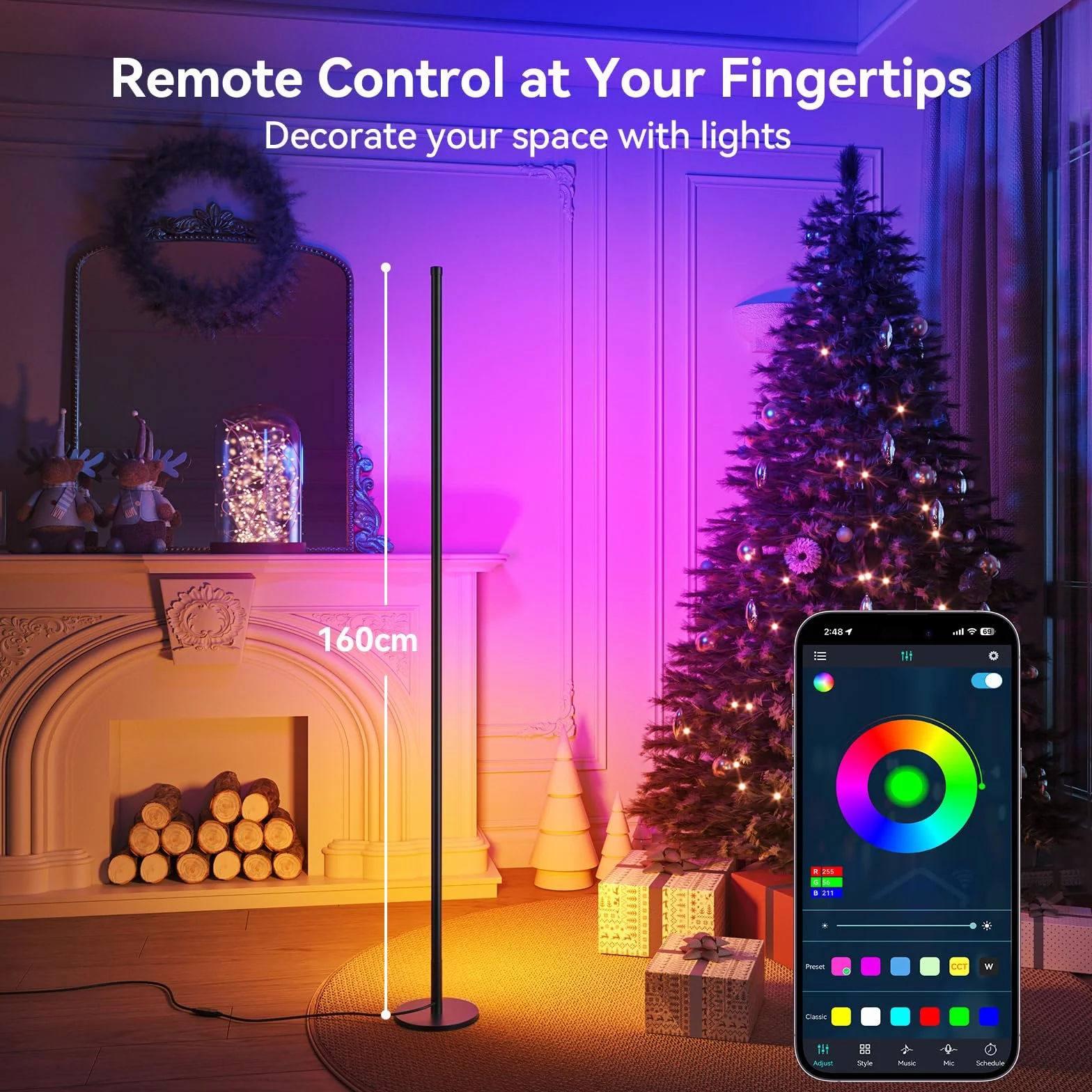 Lampadaire LED d'Angle RGB 160cm avec APP et Télécommande, Sync Musique et Minuterie