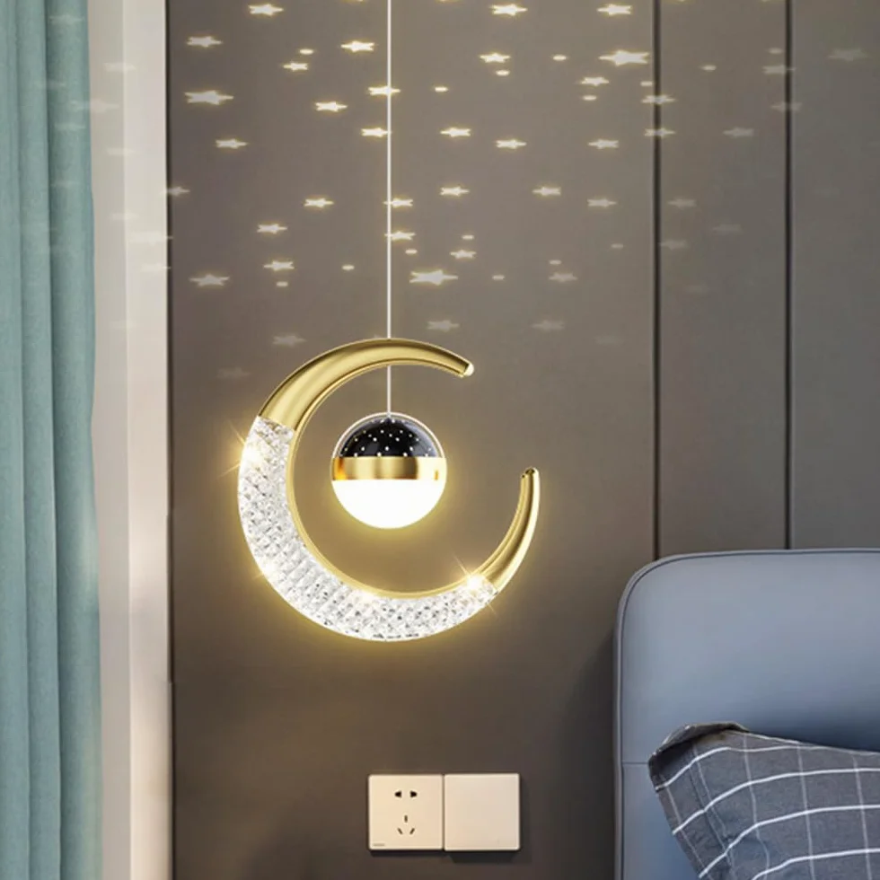 Suspension Luminaire Lune LED 10W Lustre Plafonnier Projection Étoiles Chambre Enfant Café Bar Restaurant Lumière Chaude Dorée