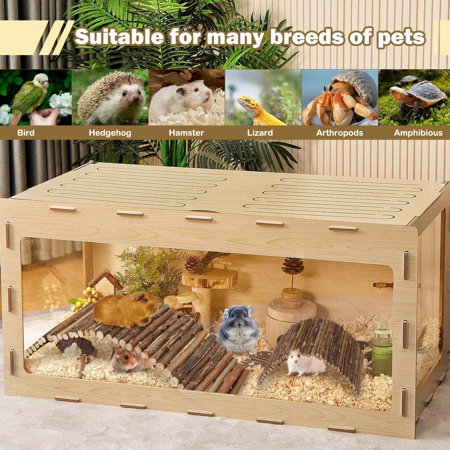 QUOZUO Lot de 2 cachettes en bois pliables pour reptiles
