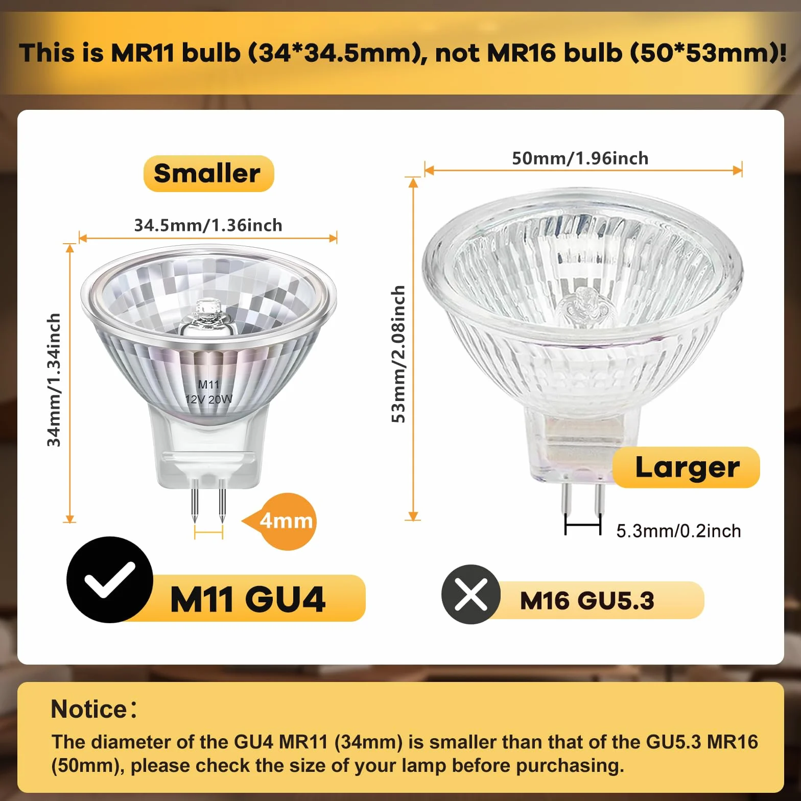 Ampoules MR11 GU4 20W 12V Blanc Chaud 2800K Dimmable Diamètre 34mm Lot de 6