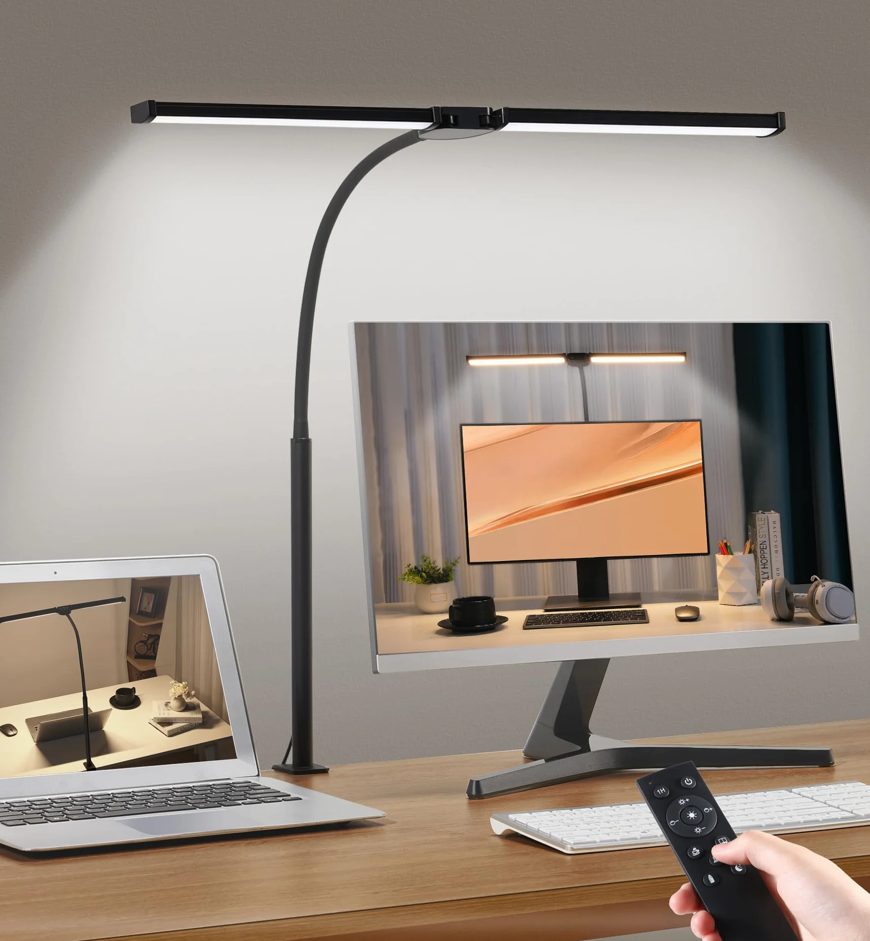 Lampe de Bureau LED, Double Tête, 5 Modes Couleur 5 Niveaux Luminosité, Col de Cygne Flexible
