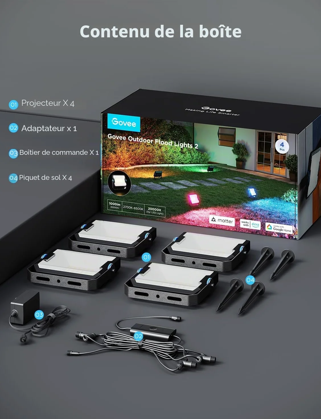 Govee Lot de 4 Phares Projecteur LED Extérieur RGBIC, IP66, Compatible Alexa Google Home