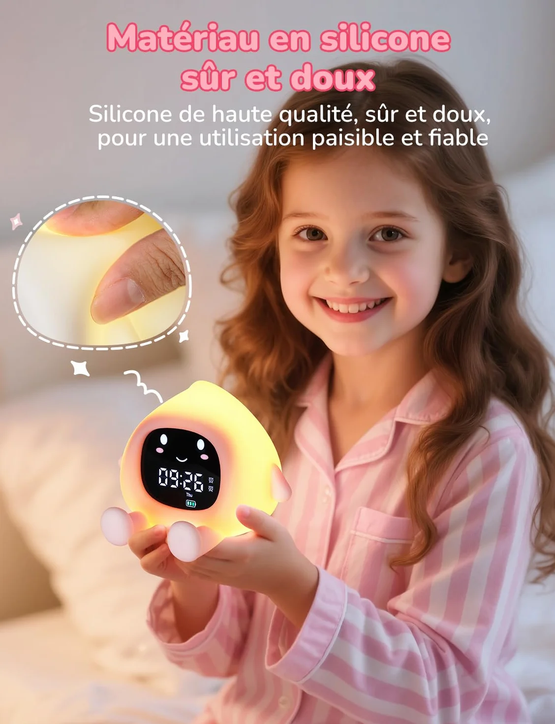 Réveil Enfant Éducatif Jour/Nuit 2 Alarme 7 Couleurs 30s Arrêt Automatique Luminosité Réglable Bruit Blanc 12/24 Heure Snooze 10 Chansons