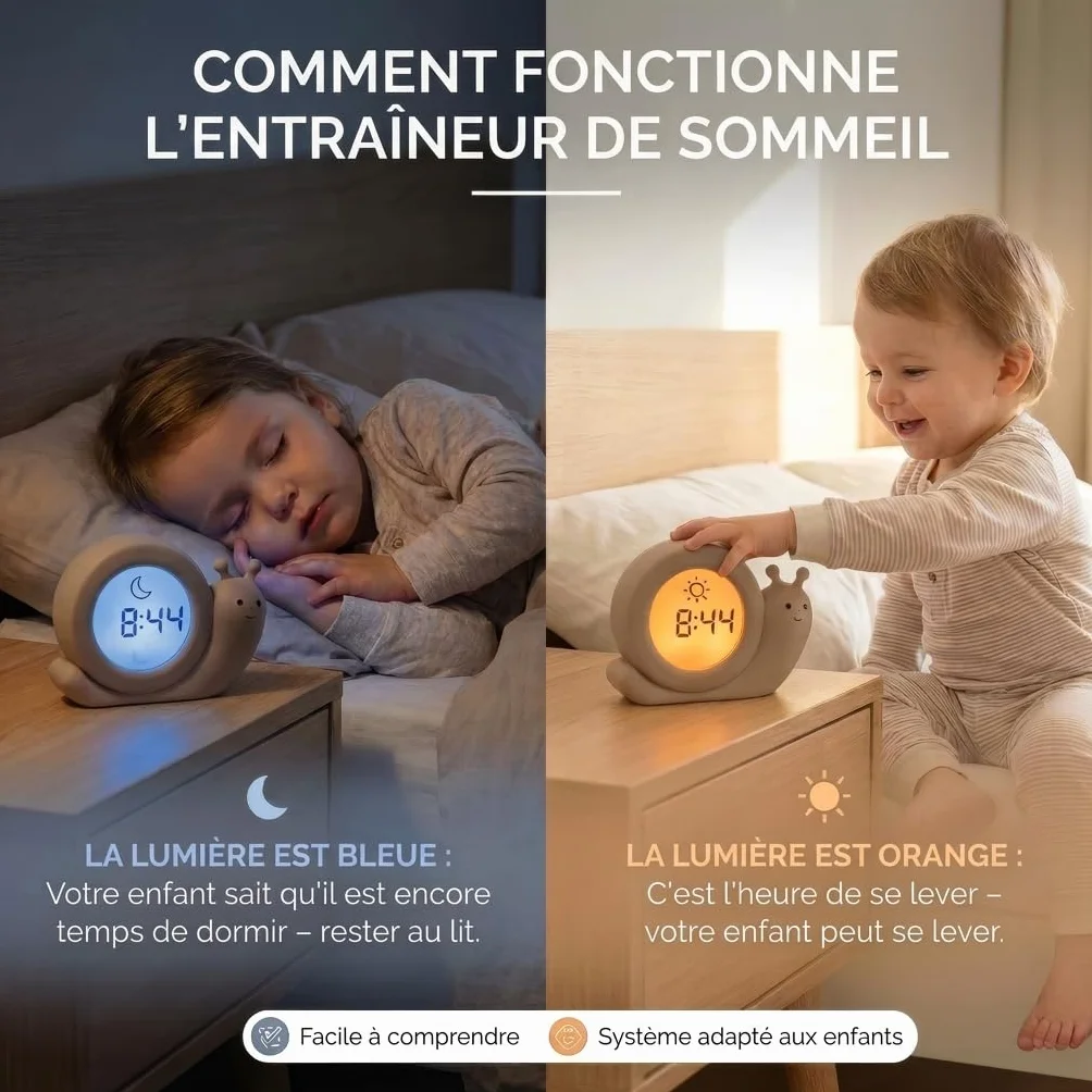 Alecto BC110BE Simon Réveil Enfant Éducatif Jour/Nuit Veilleuse Escargot