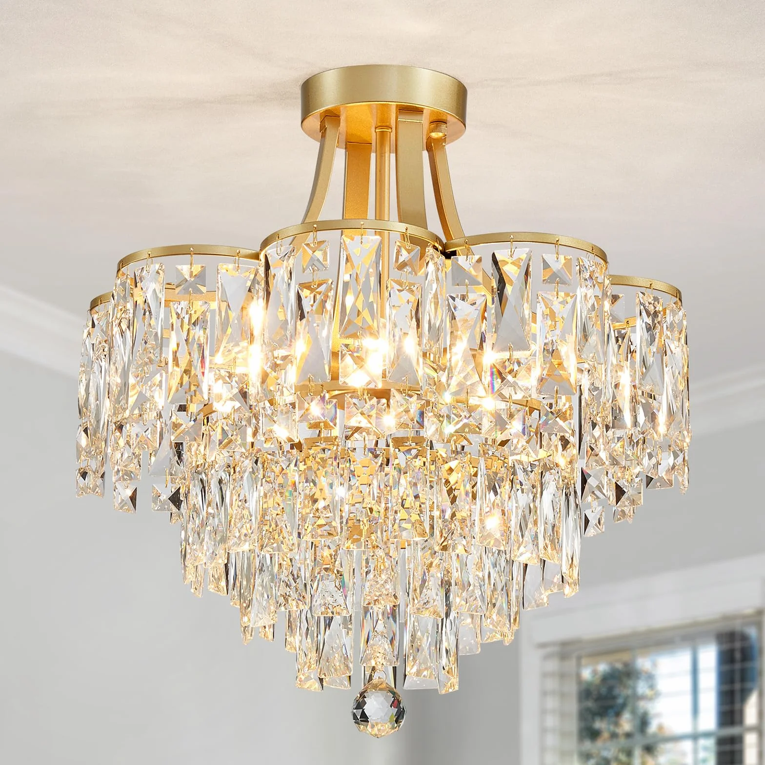 WUZUPS Crystal Chandelier Plafonnier encastré Luminaire moderne pour Chambre à coucher Hallway Bar Cuisine Salle de bain, H 49 x L 46. 5, E14 Base, Gold