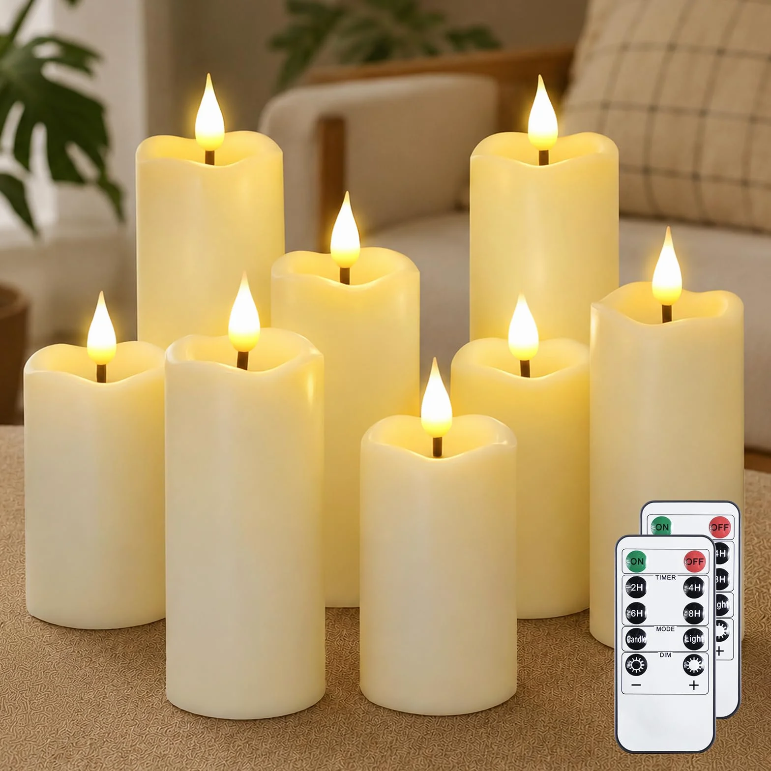 Yeelida Bougies LED Ivoire Vacillantes Lot de 8 Bougies Piliers Sans Flamme Plastique 2 Télécommandes Minuterie 5.3cm x 11-17cm