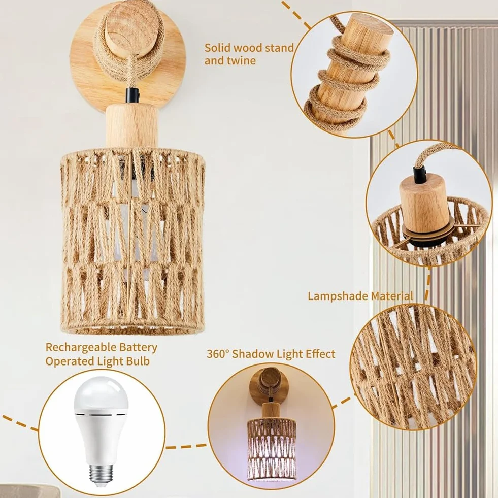 Lampe Murale en Rotin Tressé, Design Corde Cylindrique, Éclairage Décoratif Chambre, 1 Pièce
