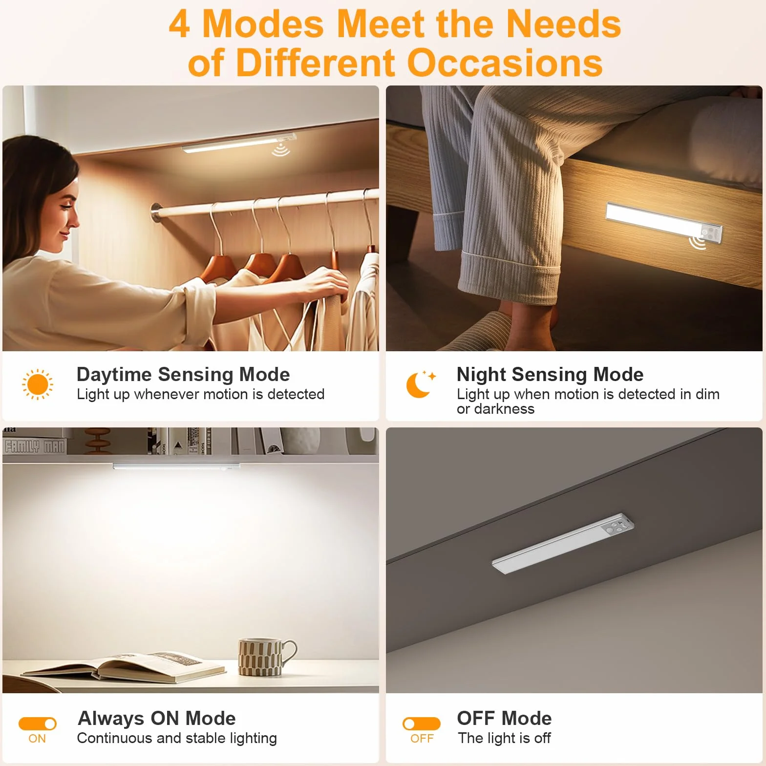 Gritin Lampe de Placard LED Rechargeable 26CM, 3 Couleurs 5 Luminosités, Détecteur de Mouvement, 2 Pack