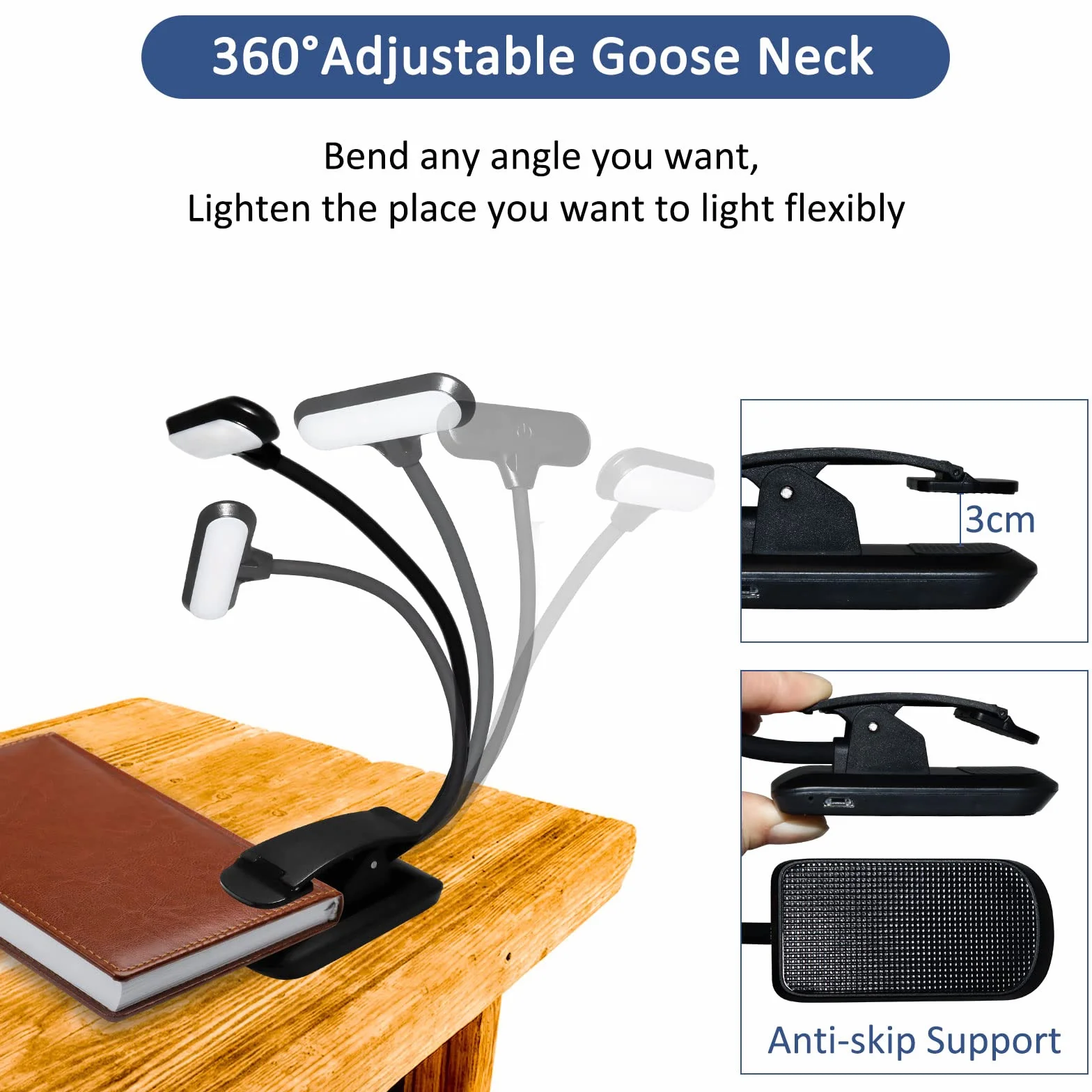 Lampe de Lecture USB Rechargeable, 3 Modes Protection des Yeux, Gradation Progressive, 360° Cou Flexible, Portable, Noir