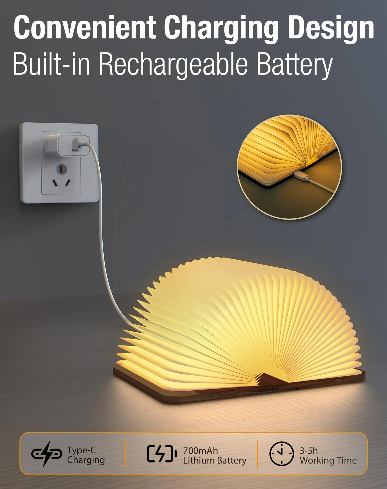Lampe Livre en Bois 12CM Pliable à Piles LED Magnétique Noyer