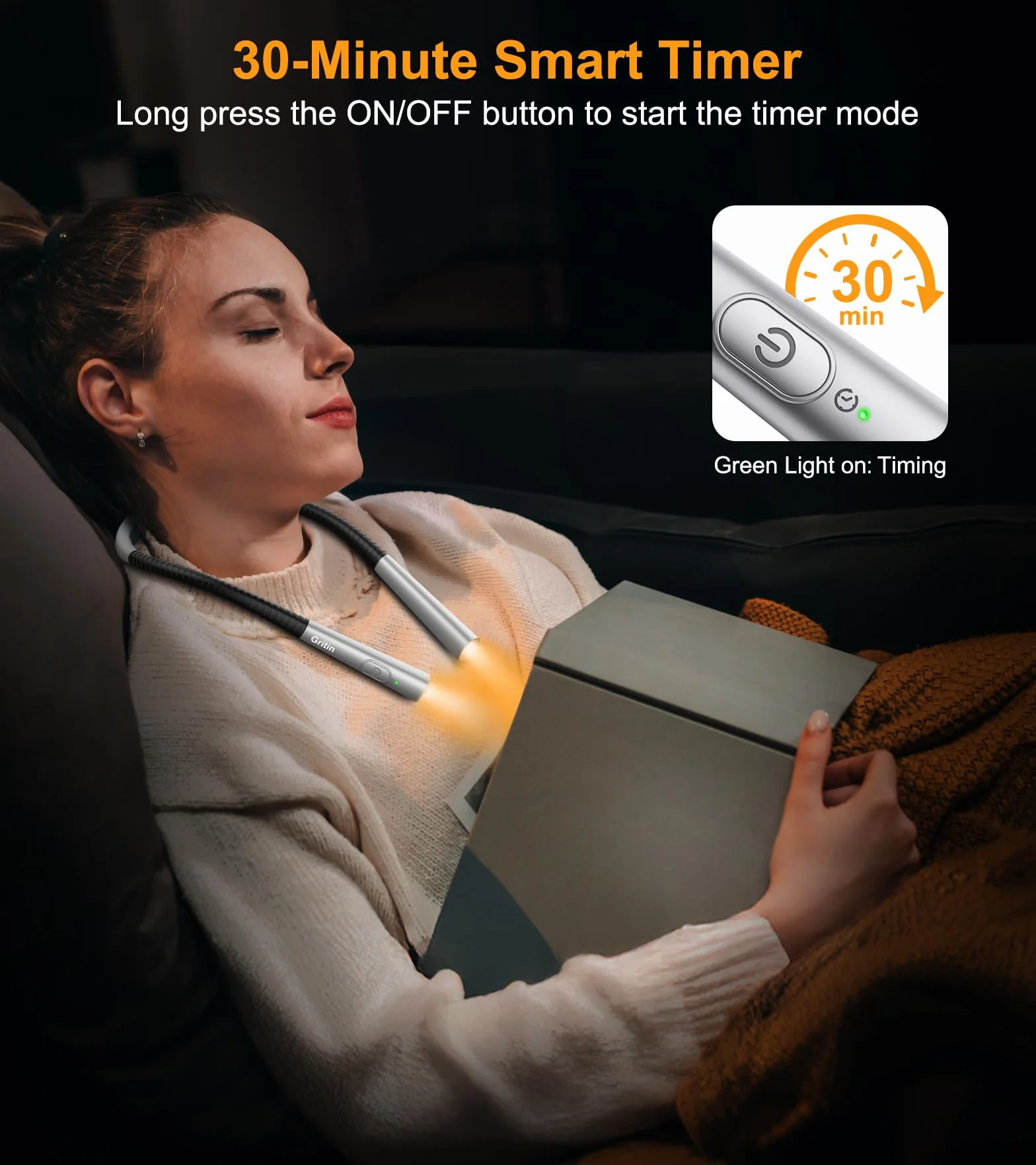 Gritin Lampe de Lecture de Cou Rechargeable, 4 Couleurs Protection des Yeux, 5 Luminosité, Gradation en Continu, Minuterie 30-min, 80H Autonomie