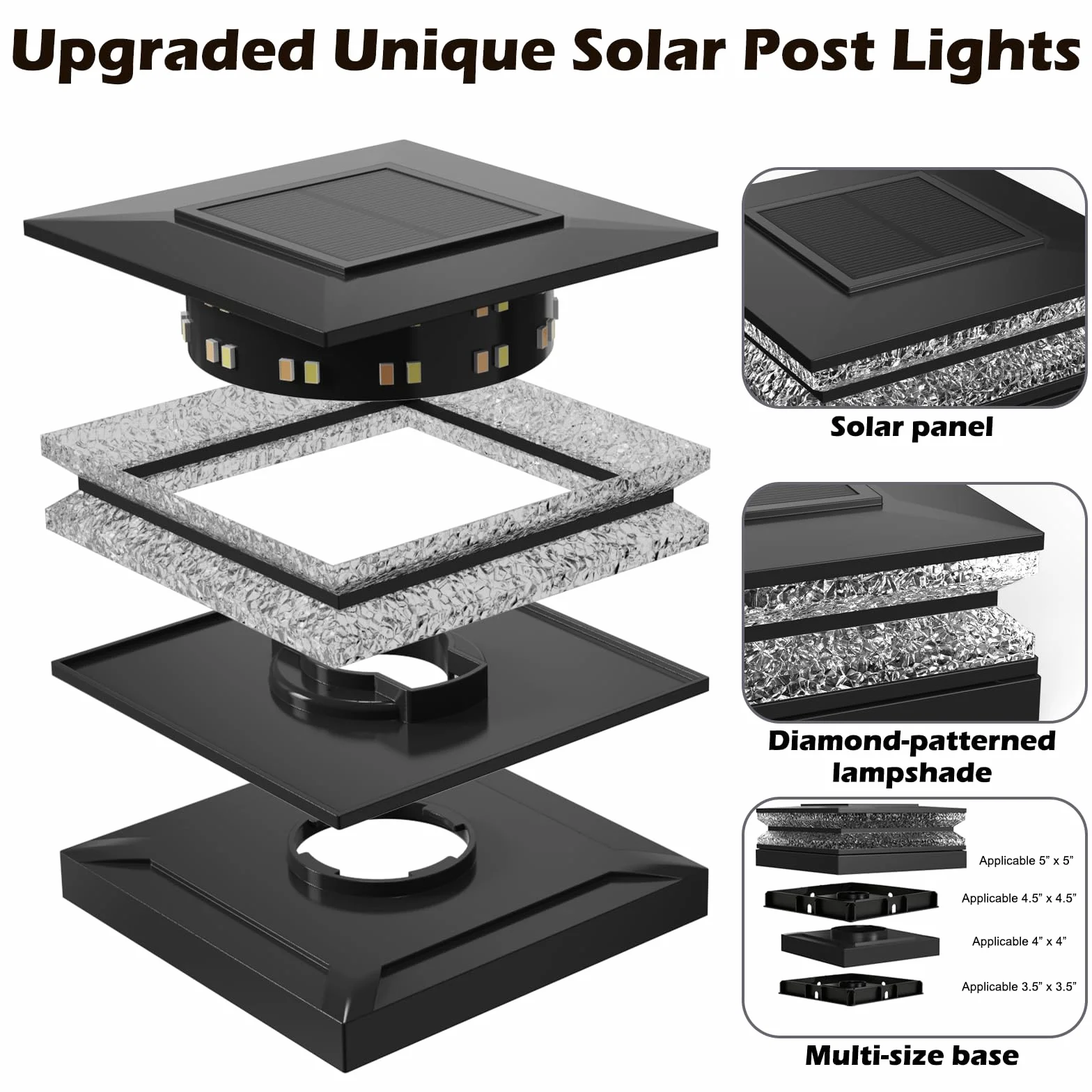 Lampe Solaire Chapeau de Poteau Lot de 2, 9x9-13x13 cm, 3 Modes d'Éclairage, Étanche pour Jardin Terrasse Clôture