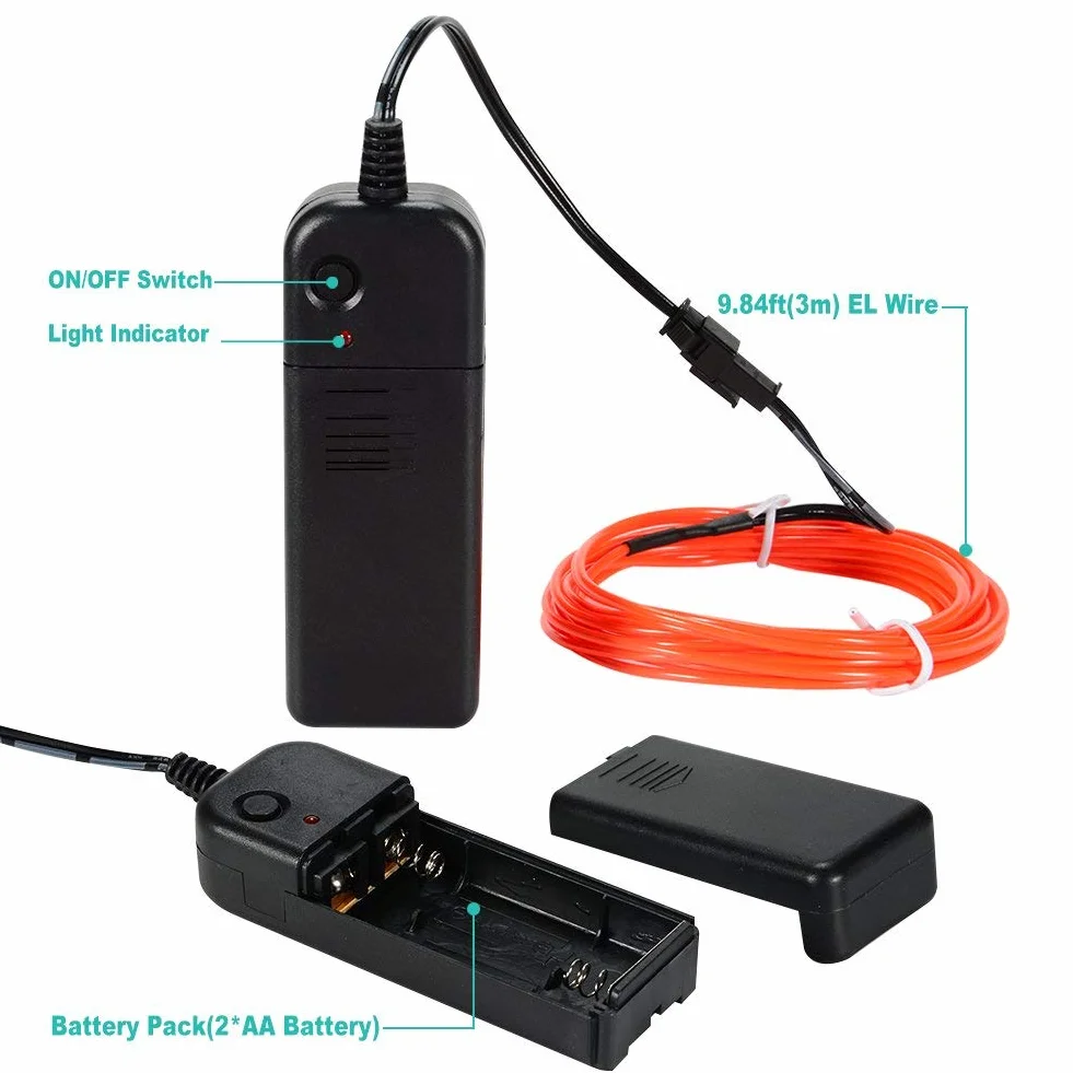Guirlande Lumineuses EL Fil Néon 5x3M 3 Mode Éclairage Fixe Clignotant Stroboscope Tube Fluo EL Wire Fête Mariage