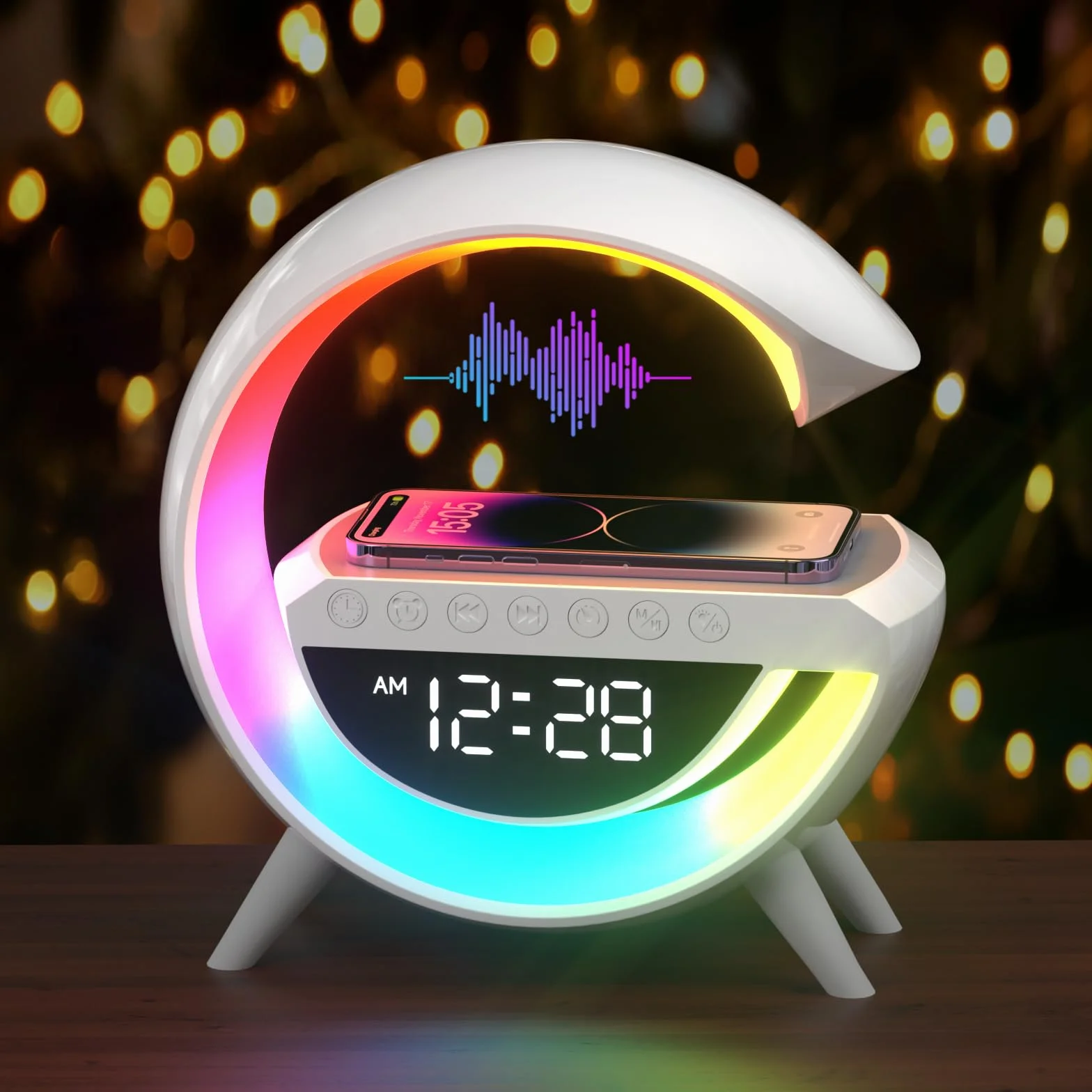 Chargeur sans fil Lampe LED Réveil avec haut-parleur Bluetooth 15W 13 Modes Lumières pour bureau